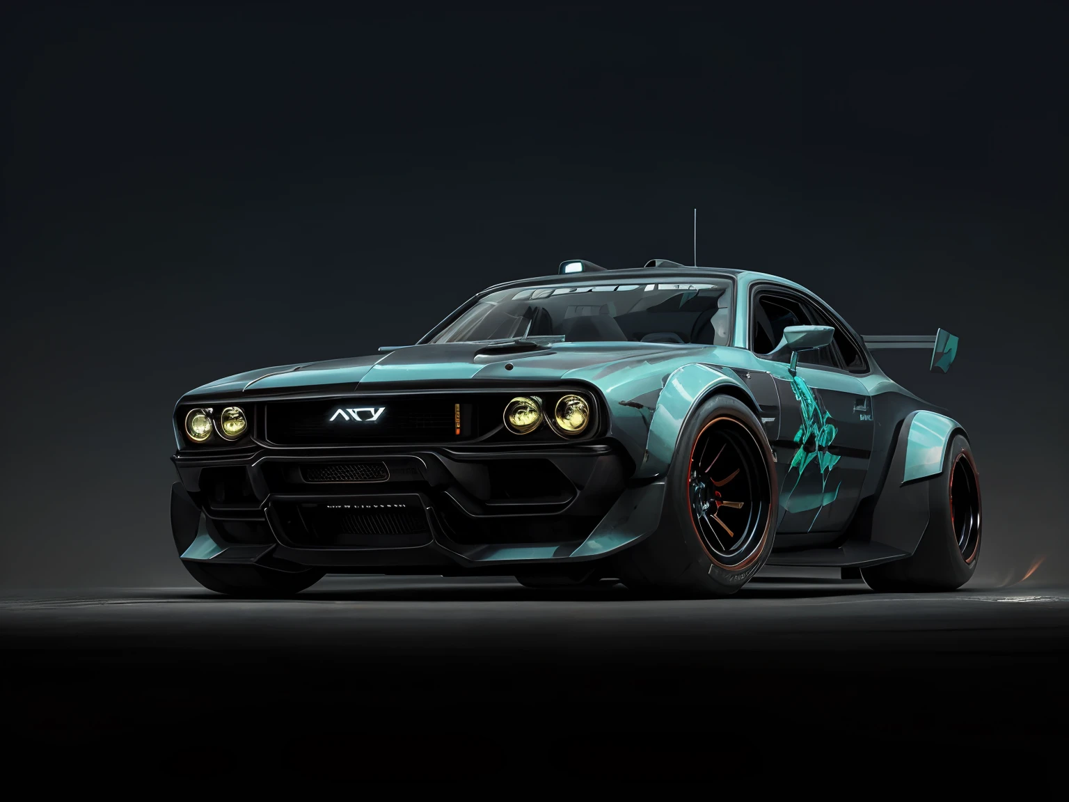 a 3/4 front view of ((futuristic cyberpunk hotrod zeekars)) (with glowing tires), at the parking lot,