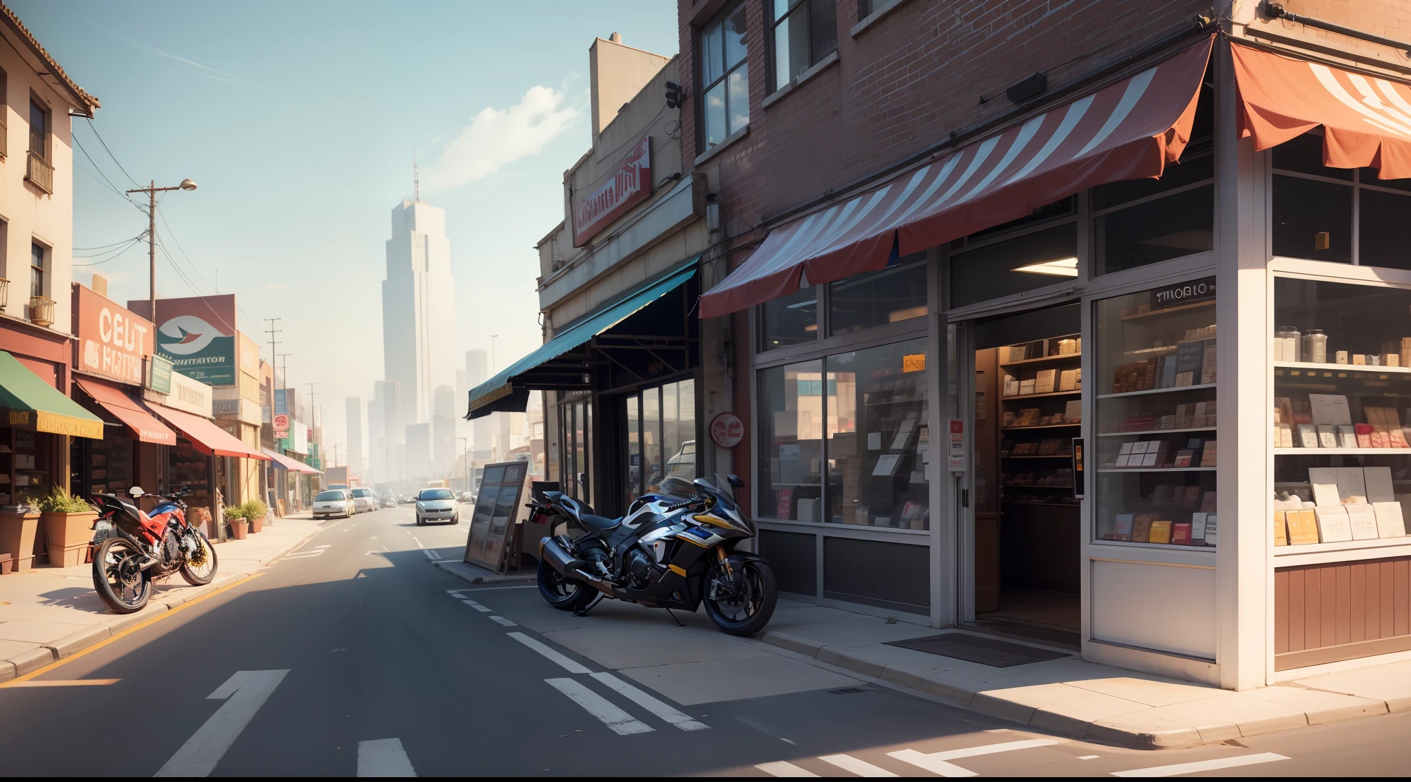 A shop by the road side with tall buildings around. Day time and sports bike parked by the side of the shop.
