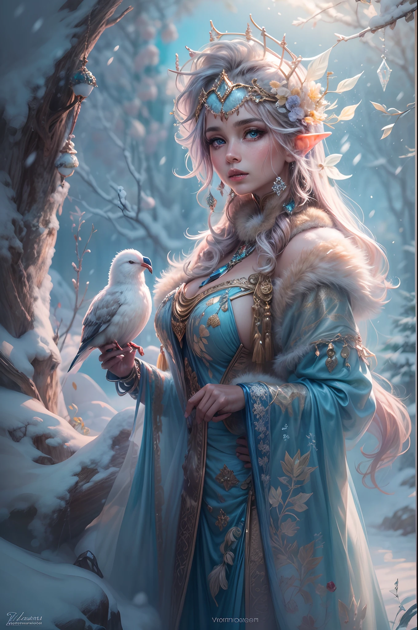 This is a realistic fantasy artwork taking place in a subzero cold winter landscape. Generate a stately, elegant, and graceful Pocahontas elf in a magical world of stunning gilded roses with multicolors and shimmering ice glittering in the light. Her face is elegant and middle-aged and includes realistic shading, incredibly detailed and distinct features, soft puffy and kissable mouth, and (realistic eyes). (Her eyes are important) and should be (beautiful detailed eyes with macro details), realistic details, and a shifting array of beautiful blue colors. Her clothes should be delicately spun from weightless, airy, and expensive gossamer silk with delicate and very subtle floral embroidery, (((many warm layers))), and a variety of complementary colors as well as lots of luxurious fur. Her breasts are subtle and her clothing is very warm and heavy. This image is incredibly creative and emphasizes the beautiful detail of the gilded roses and the pure snow on the ornate ice. Include beautiful detailed snowflakes, icy air, and magical doves. Include pebbles, stones, bumps, glitter, and iridescence. Camera: Utilize dynamic composition techniques to draw the viewer into the scene. Lighting: Enhance the glitter of the snow and ice and emphasize the fantasy winter aspect of the image. Take inspiration from top masters of the genre and trending Midjourney and ArtStation art.