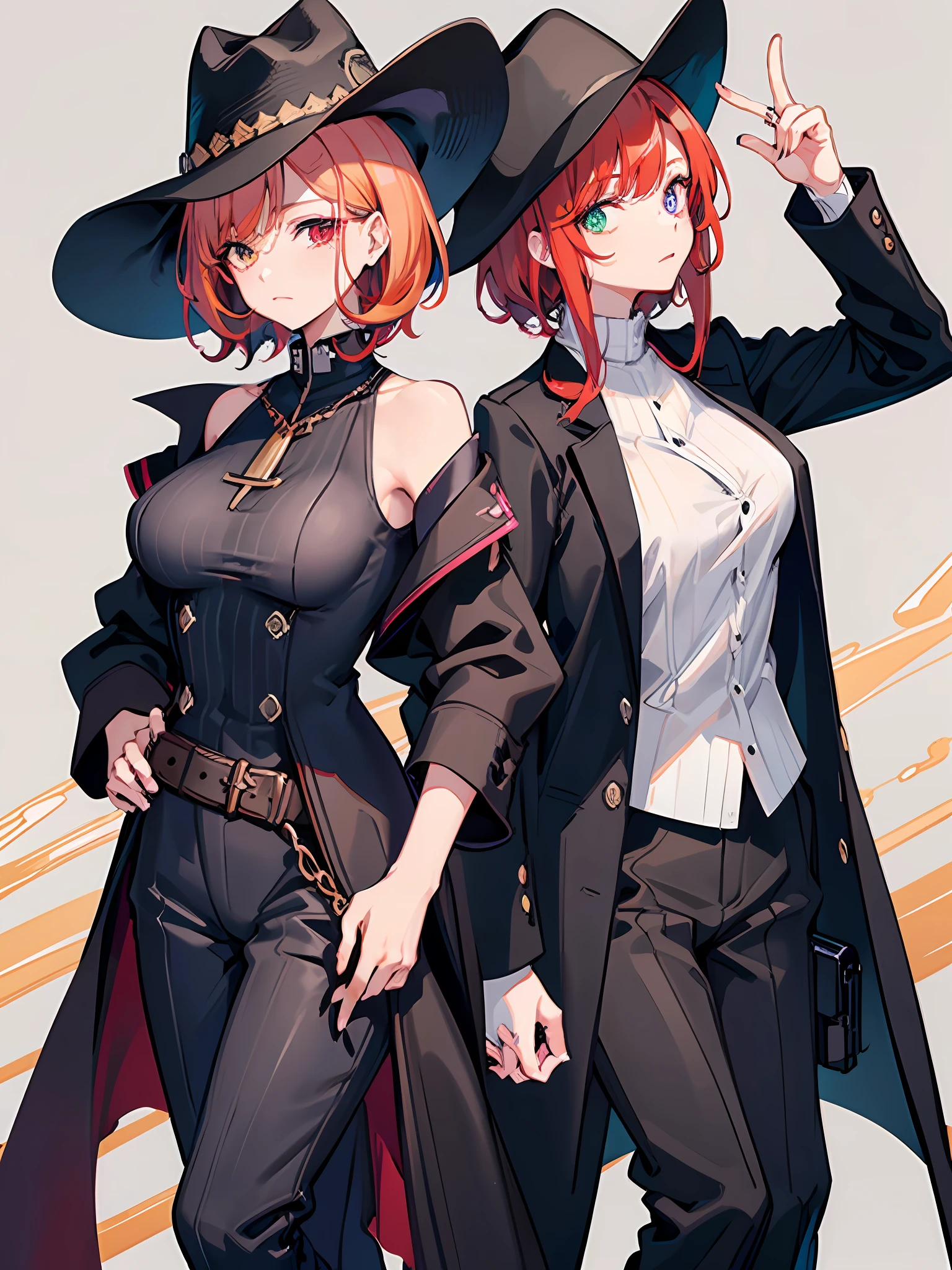 natural redhead woman, 1 woman, zoomed out, short curly hair, black cowboy hat, black uniform, full sheriff uniform, heterochromia, walking towards viewer, low angle, bare shoulders, sideboobs, ultra detailed, striped shirt, high leotard, long black coat, uniform trousers