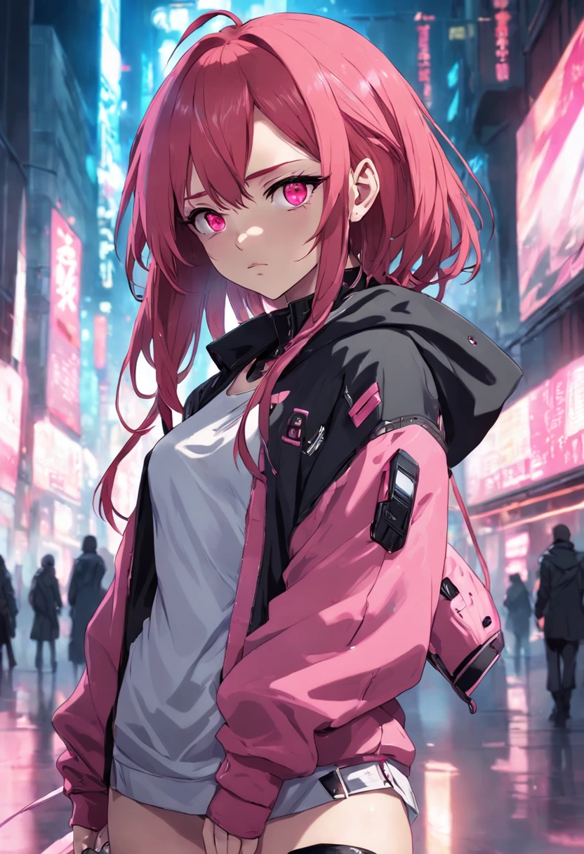 1girl, red hair, pink eyes, cyberpunk clothes