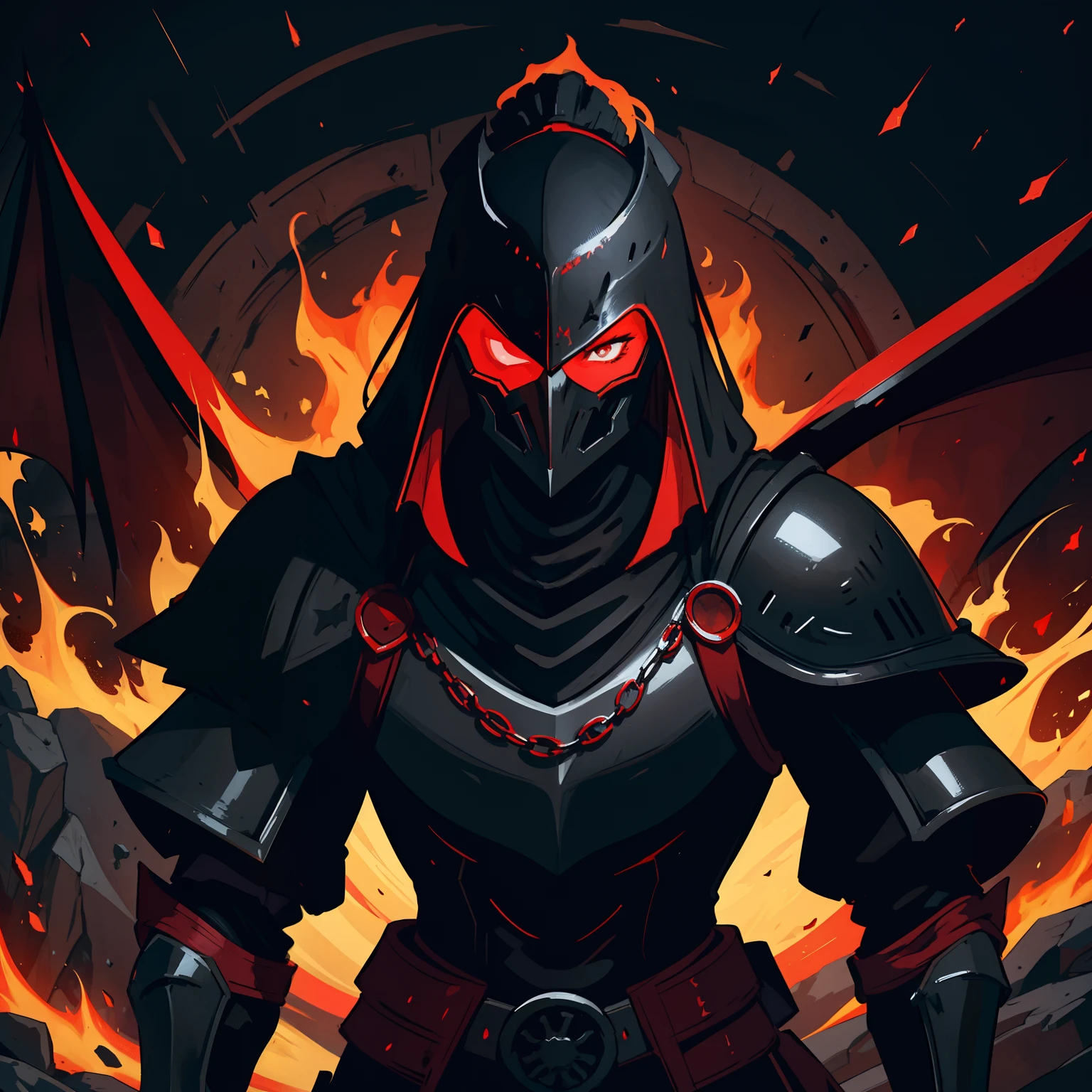 A medieval knight a soldier in his red and black armor with a cervical helmet helmet ponytail completely covered by the armor with a dark helmet that hides his face a dark knight in a dark castle of black rocks dark colors he is wearing black and dark armor and elegant as an attractive villain is wearing dark medieval black armor Use dark shades The image has to portray the essence of a villain with dragon clothes the essence of fire she is inspired by the volcanoes her dark essence through a medieval RPG art concept art medieval art art illustration rpg he is young and handsome a villain with an impressive beauty like that of a seductive vampire a villain smile villain with a soft look red and black armor cervical helmet a dramatic pose dramatic pose of villain striking pose cervical helmet