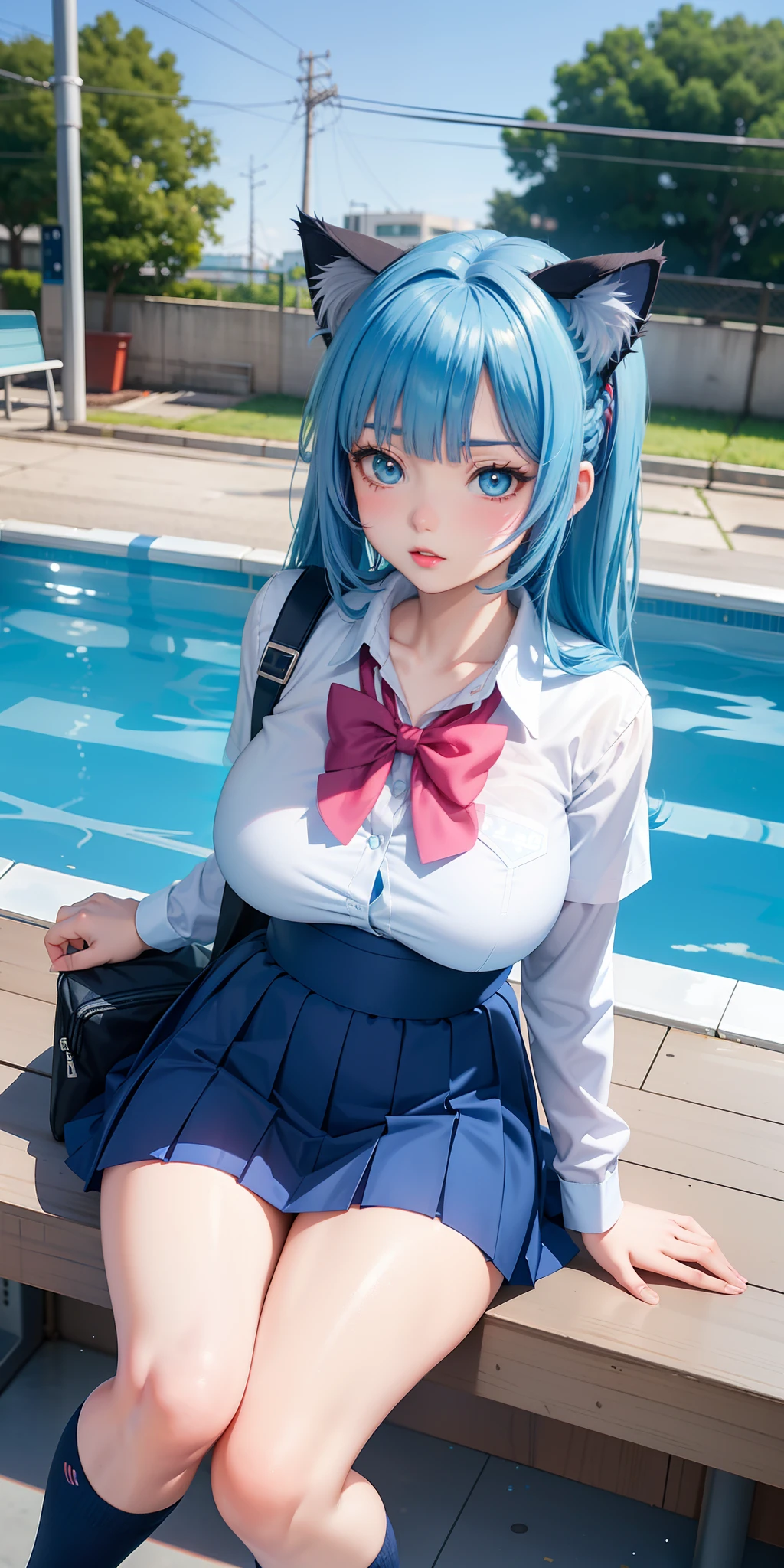best quality, masterpiece, realistic, hdr, detailed, intricate, beautiful scenery, wonderful backround, (perfect smile anime face:1.3), a woman, (schoolgirl uniform), outdoor shot, aqua color hair, oily tan skin, huge long breasts, curvy, chubby tummy, thick, lips, (nsfw), <lora:flat2:-1>