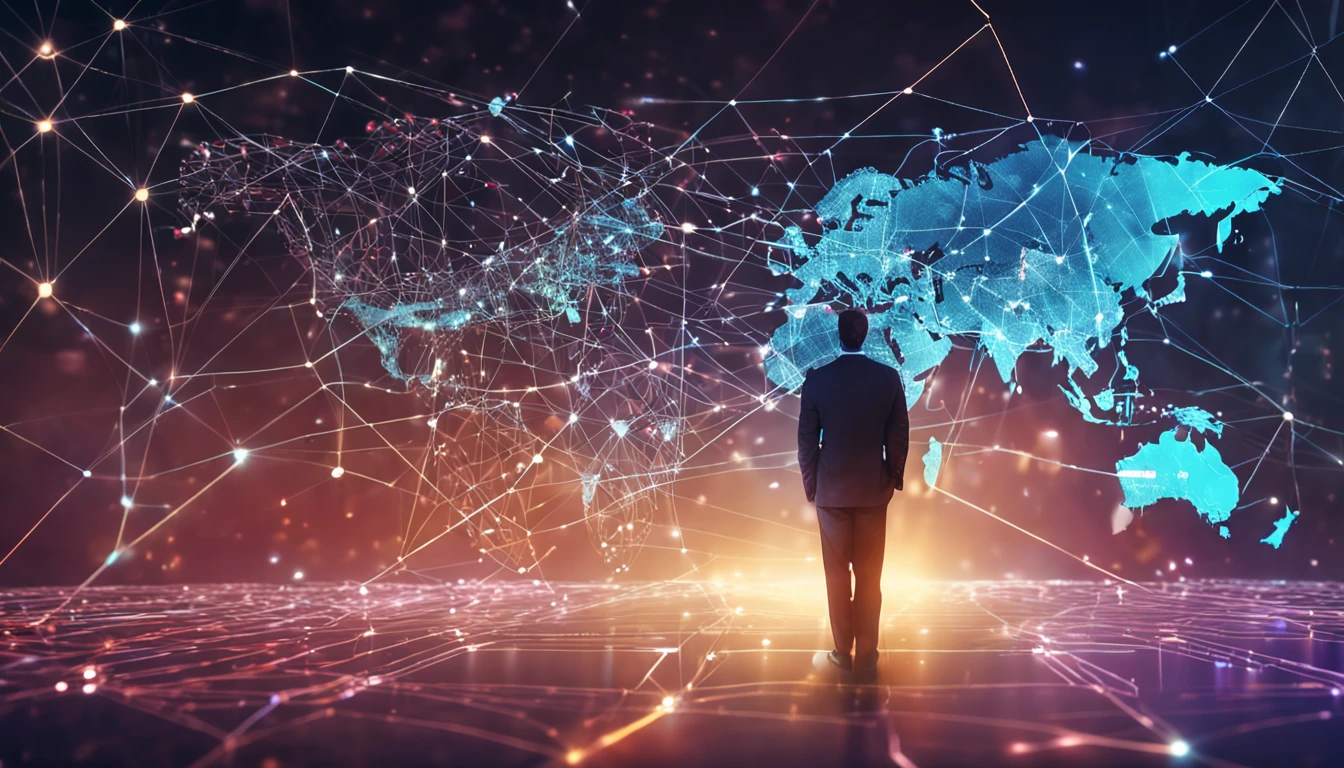 ฺBusinessman holding Global network connection. Big data analytics and business intelligence concept. World map point and line composition concept of global business