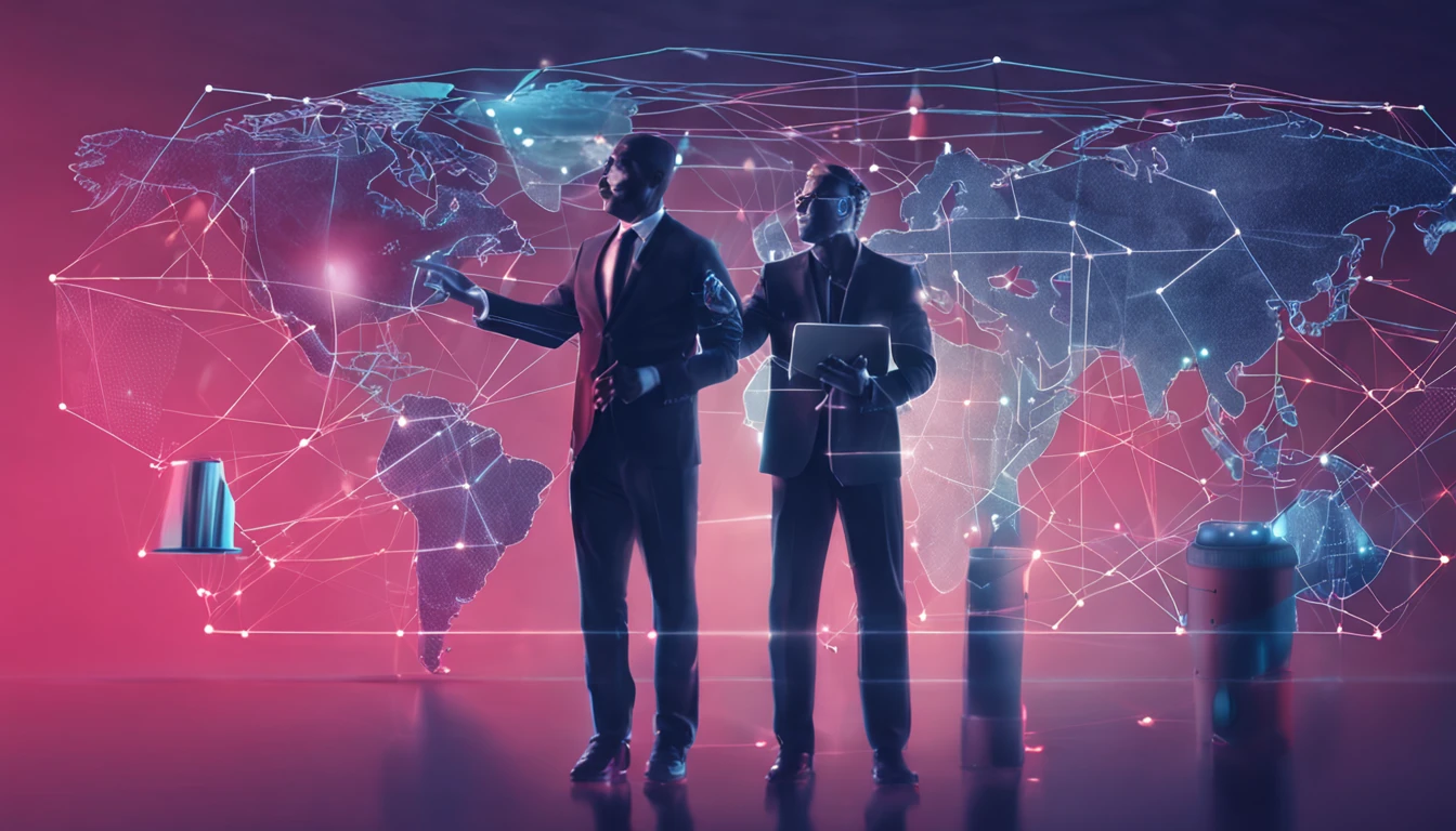 ฺBusinessman holding Global network connection. Big data analytics and business intelligence concept. World map point and line composition concept of global business