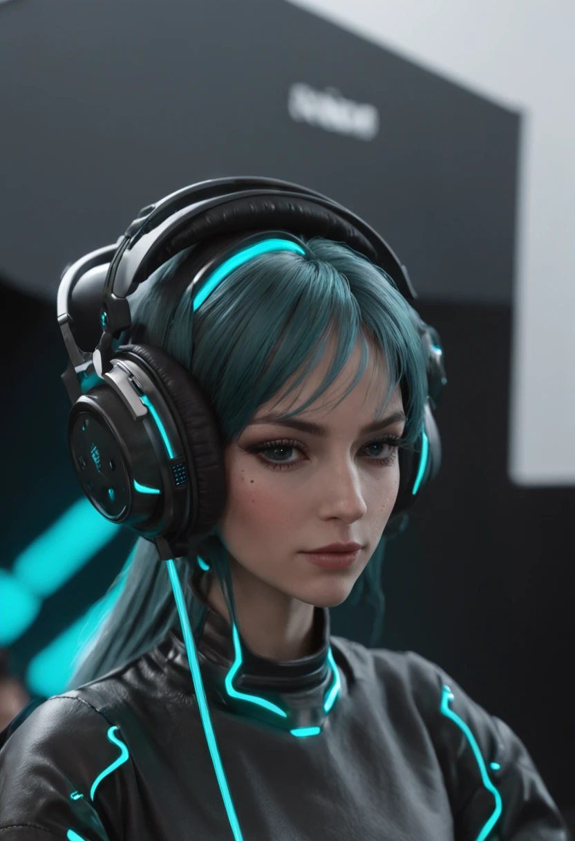 ((master part:1.3)), ((best quality:1.3)), ((Supergigantescos seios_circunstanciado:1.3)), Seios grandes Hatsune Miku, DJ, perssonage cyber punk, Rainbow, terno apertado, Auriculares, olhando para o espectador, realista, Texturas da pele, ..3d, c4d, motor irreal，toca-discos de vinil、Science fiction DJ station、Tiroteio na parte superior do corpo、Look at the crowd、Cyberneticamente aprimorado，Mesa de palco futurista meticulosa，futuristic clothing，Fones de ouvido de dupla face，Rosotto tem，Rir animadamente，The body swings to the music，dynamic viewing angle， In this extraordinary visual composition, uma jovem DJ feminina assume o centro do palco, Futuristic sci-fi DJ using vinyl turntable on table. The focus is on the upper body, When she looked at the crowd with energetic energy. Cybernetic enhancements adorn the highly detailed futuristic stage table, Add a touch of technical sophistication to the scene. The DJ himself wears futuristic costumes, Reflete a natureza de vanguarda de seu estilo musical. Ela usa fones de ouvido auditivos de dupla face, Let her fully immerse herself in the music. She wears a Rosotto hat on her head, Add a playful and elegant touch to your look. She was caught in moments of emotion, Rindo，Shake your body to the rhythm of the music. The dynamic perspective adds a sense of movement and energy to the composition