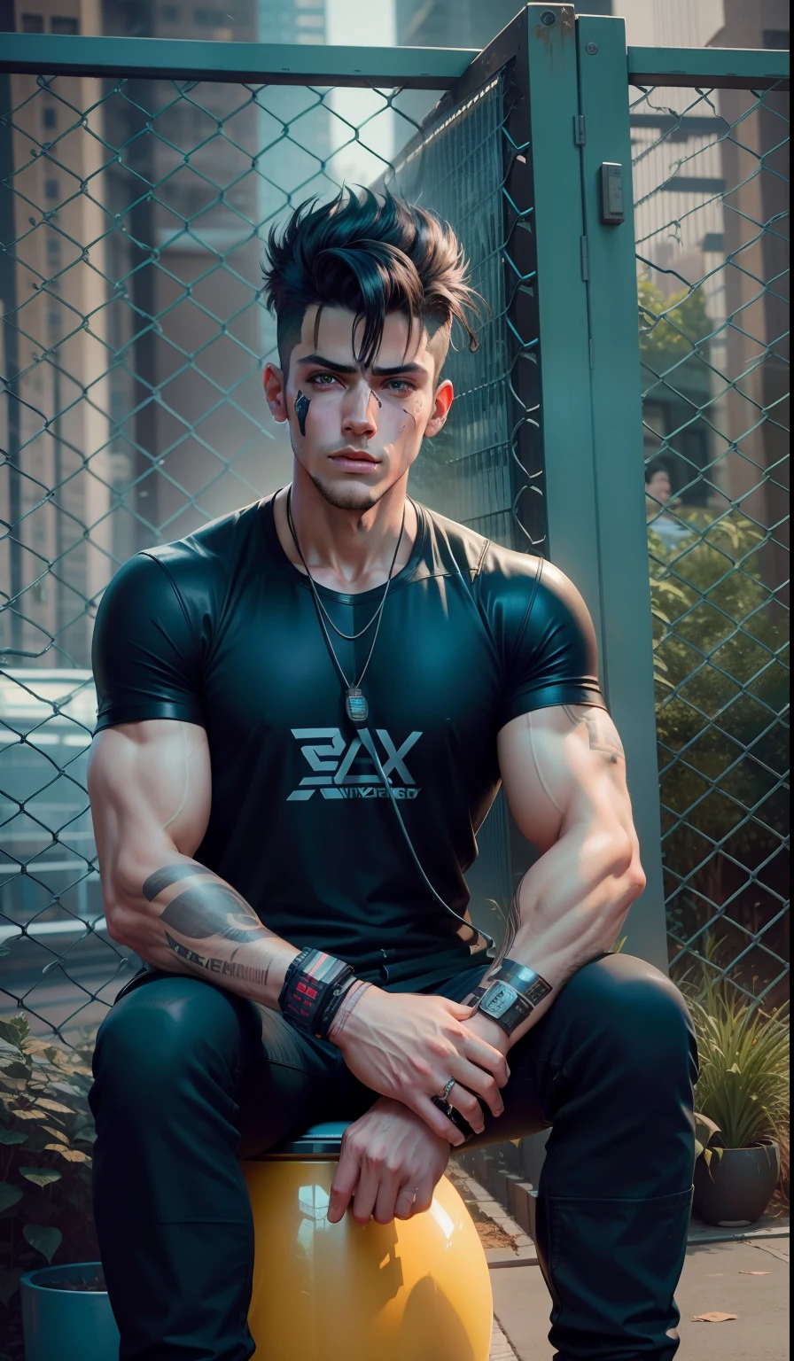 (8k, La mejor calidad, obra maestra:1.2), (realista, fotorrealista:1.37), Handsome brown-eyed man Arafed with a smiling face and a button with a smiling face, Michal, Streamer de Twitch ropa camisa  abieta aremangado pantalo largo negro y zapatos  tatuaje el brazos y el pecho y  piercings cuepor cumpleto dark room, tocando una consola dj con ariculares  puestos en una fiesta eletronica cyberpunk, octane cyberpunk dark fantasy 8K, fondo de fiesta eletronic