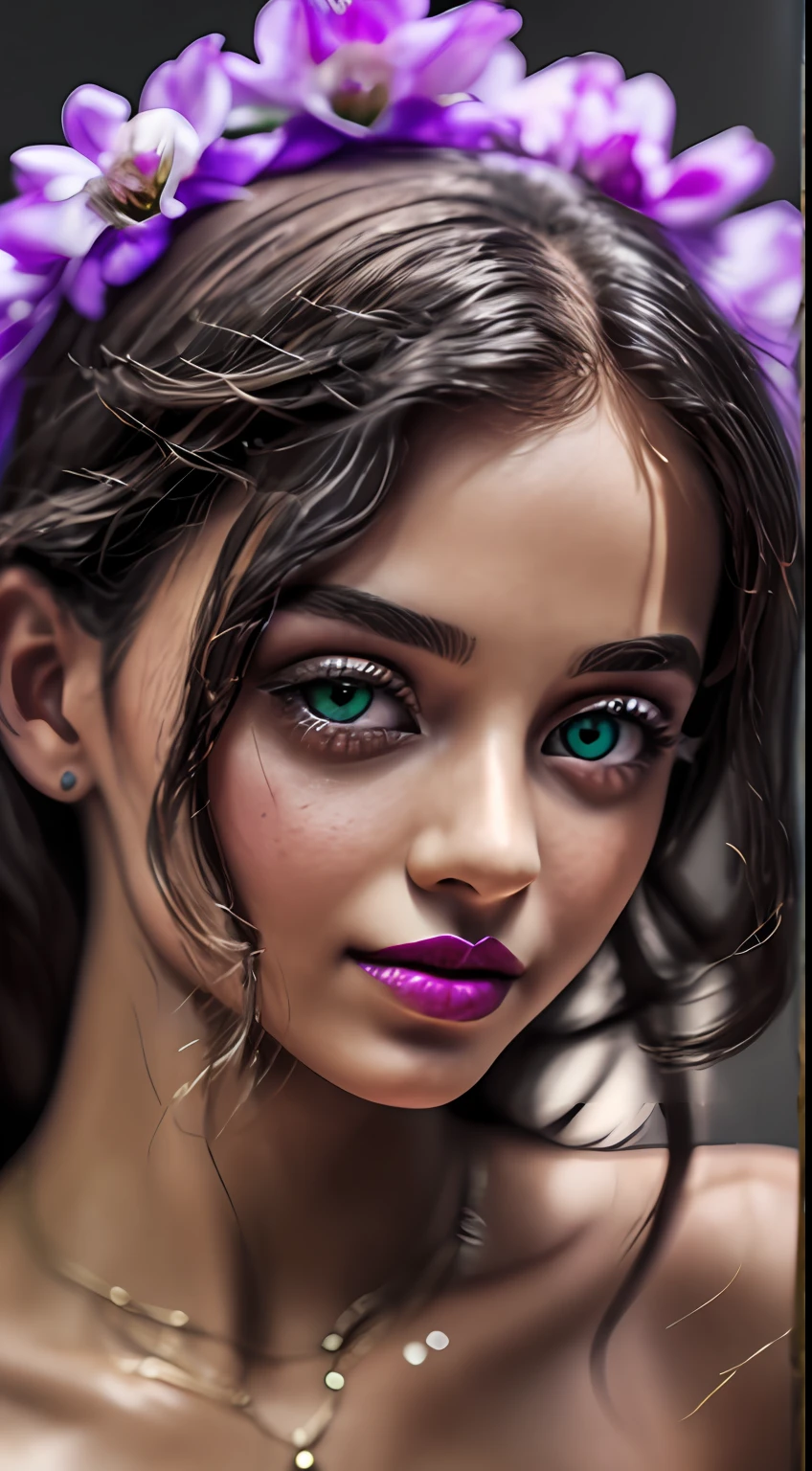 Immerse yourself in the beauty of the face of a young European girl as the camera zooms in, mole on her chin, her sleek black hair framing her face with elegance, her captivating green eyes shining with a mix of confidence and intrigue, a small nose adding a touch of grace, her lips adorned with a captivating shade of purple lipstick, the image captured in a 9:16 aspect ratio, the high-performance camera bringing out every subtle detail of her skin, Sculpture, meticulously sculpted in clay and polished to perfection, showcasing the intricacies of her facial features in a three-dimensional form