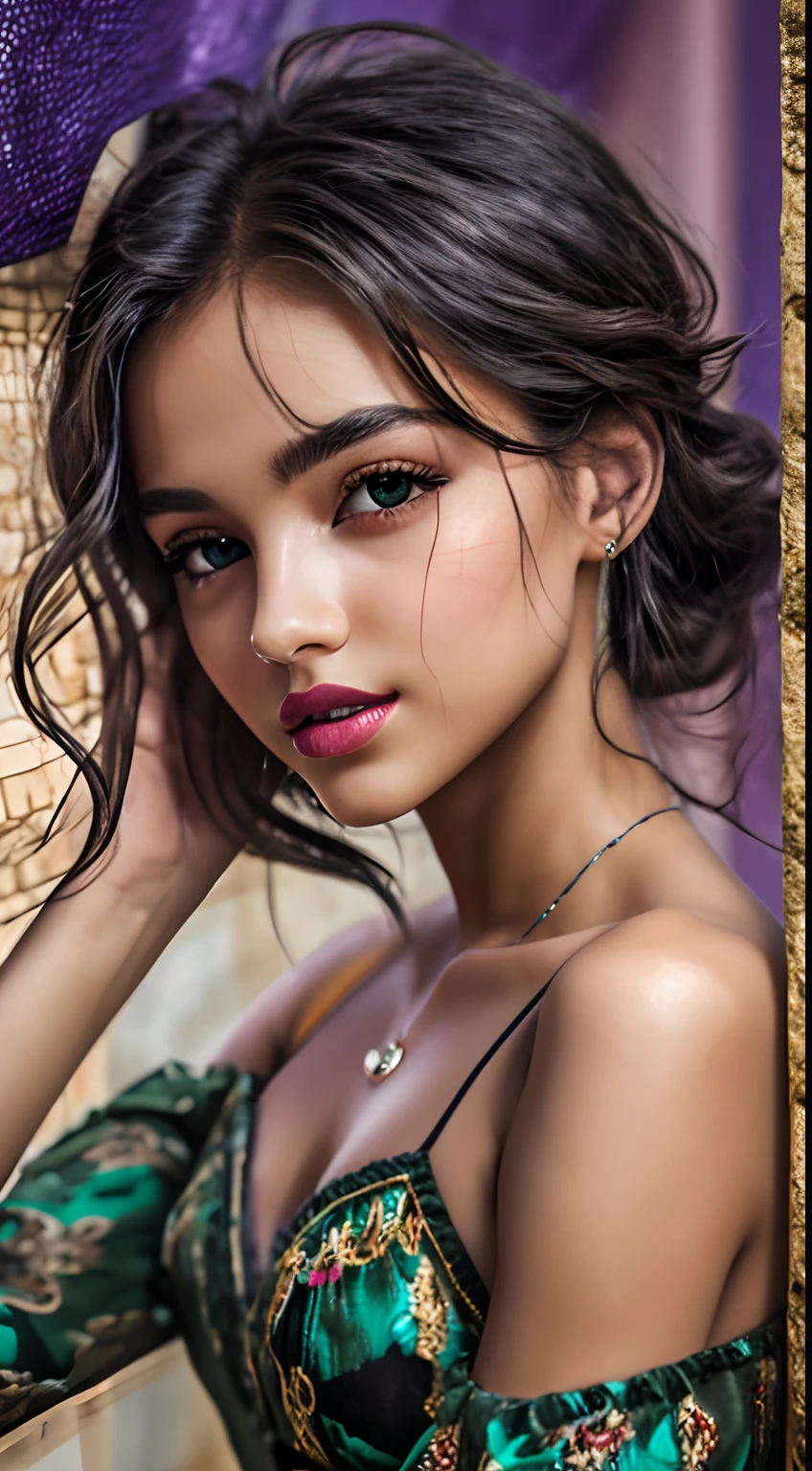 Foto hiperrealista en primer plano de (ALEXANDRA DADDARIO:0.5)(THYLANE BLONDEAU:0.5),(AISHWARYA RAI:0),20 years old,octane render. (photorealistic:1.4),(top-quality), (​masterpiece), (seductive pose: 1.2 ),( Sharply focused human skin:1.3),(seductive cleavage:1.4), Frivolous and scandalous, (hyperrealistic detailed skin:1.3), ( shiny skin:1.2),(subsurface scattering:1.4), intricate tattoos, long shiny hair decorated with precious jewels,exotic ornaments , (studio soft lighting:1.4), (surreal exotic natural surrounding in a royal garden: 1.4), (pouting lips drawn in ultra detail:1.4),The most beautiful girls ,8k,16k,trending on artstation,deviantart,detailxl, couple 