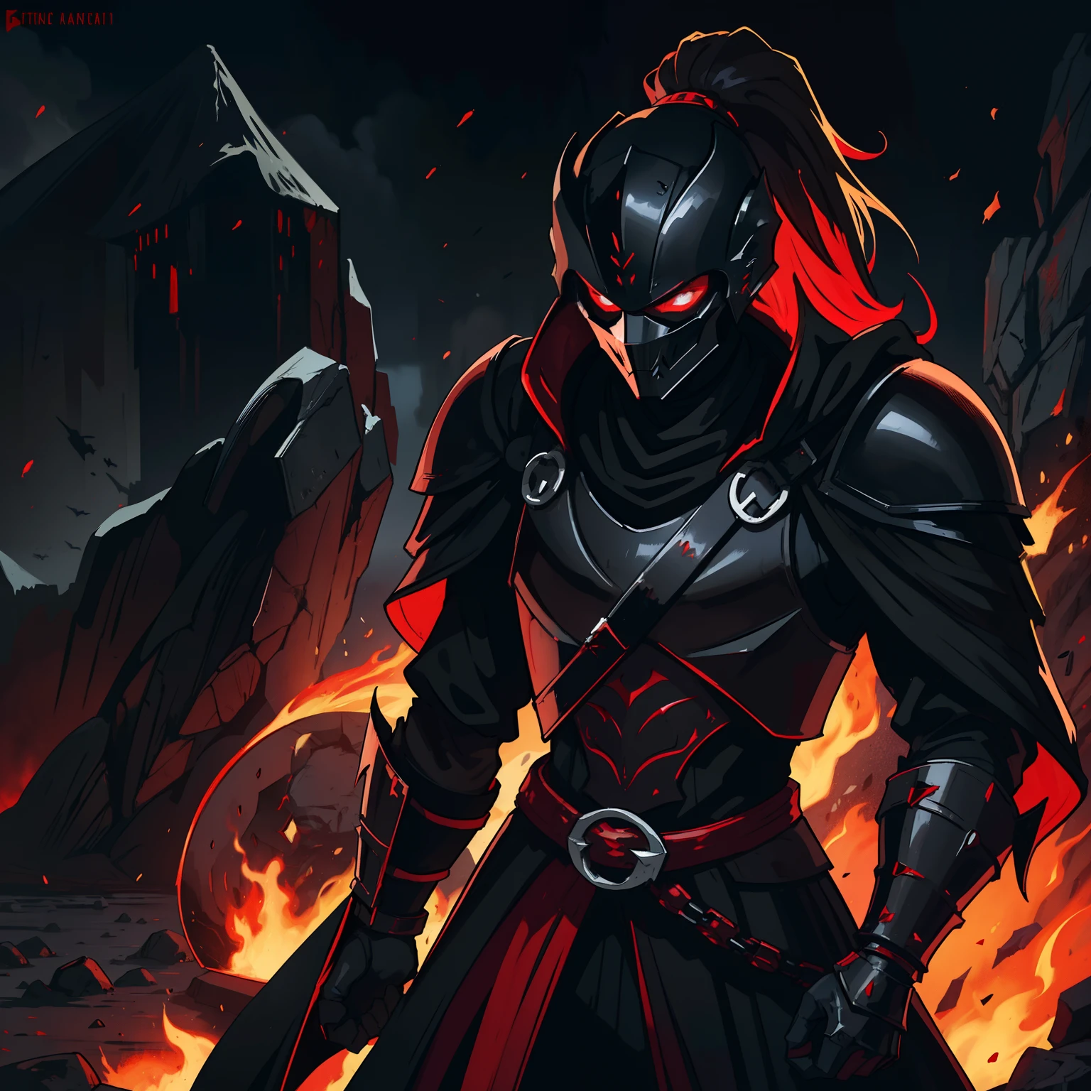 A medieval knight a soldier in his red and black armor with a cervical helmet helmet ponytail completely covered by the armor with a dark helmet that hides his face a dark knight in a dark castle of black rocks dark colors he is wearing black and dark armor and elegant as an attractive villain is wearing dark medieval black armor Use dark shades The image has to portray the essence of a villain with dragon clothes the essence of fire she is inspired by the volcanoes her dark essence through a medieval RPG art concept art medieval art art illustration rpg he is young and handsome a villain with an impressive beauty like that of a seductive vampire a villain smile villain with a soft look red and black armor cervical helmet a dramatic pose dramatic pose of villain striking pose cervical helmet