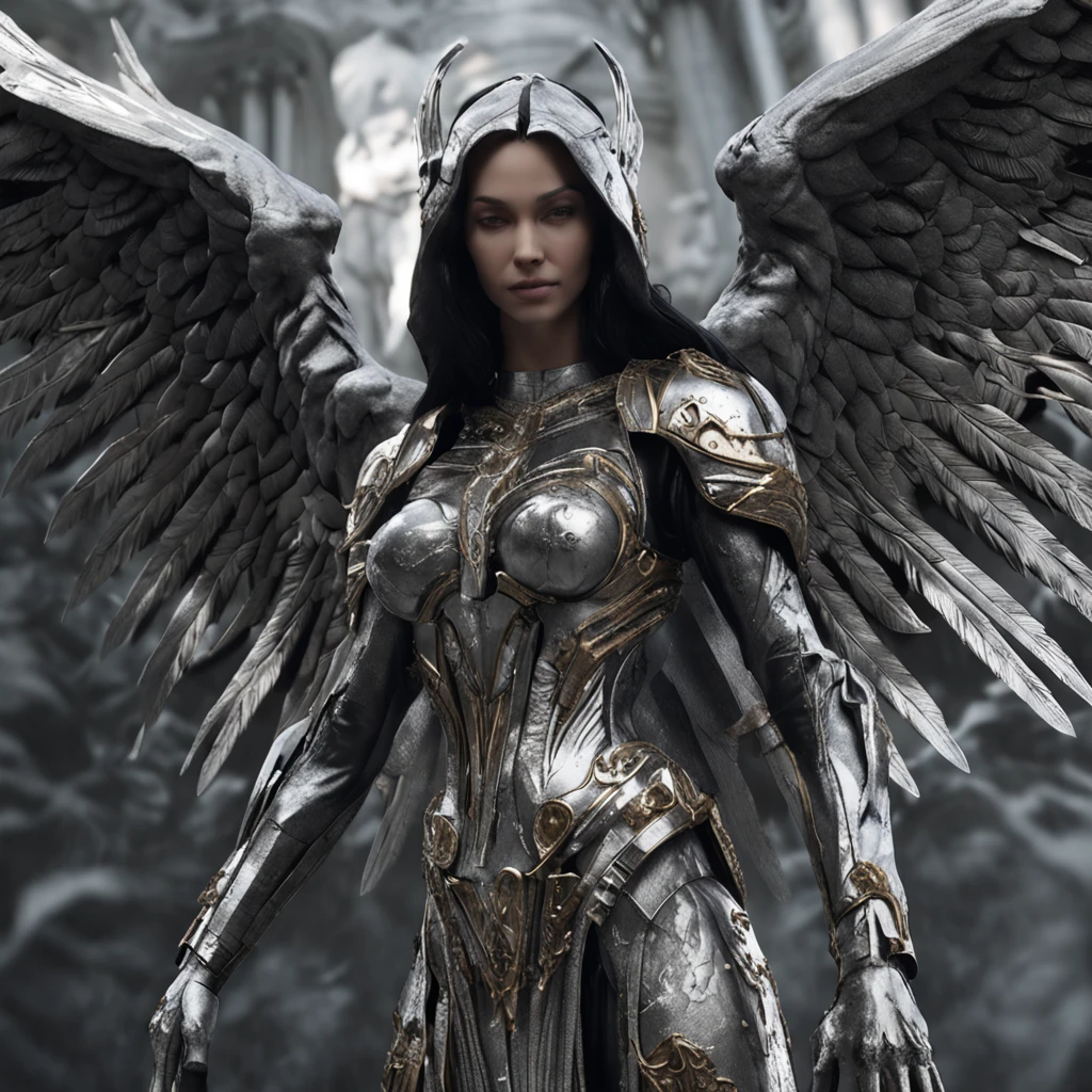a close up of a statue of an angel with wings, the angel of death, angel of death, unreal engine render + a goddess, villainess has black angel wings, the angel of death with a halo, angel in plastic armor, flowing white robes, portrait of the angel of death, angel knight gothic girl, full - body majestic angel, angel protecting woman, cover art, grasp on to life, hanging on to life, album art for a song with the title Grasp on to Life