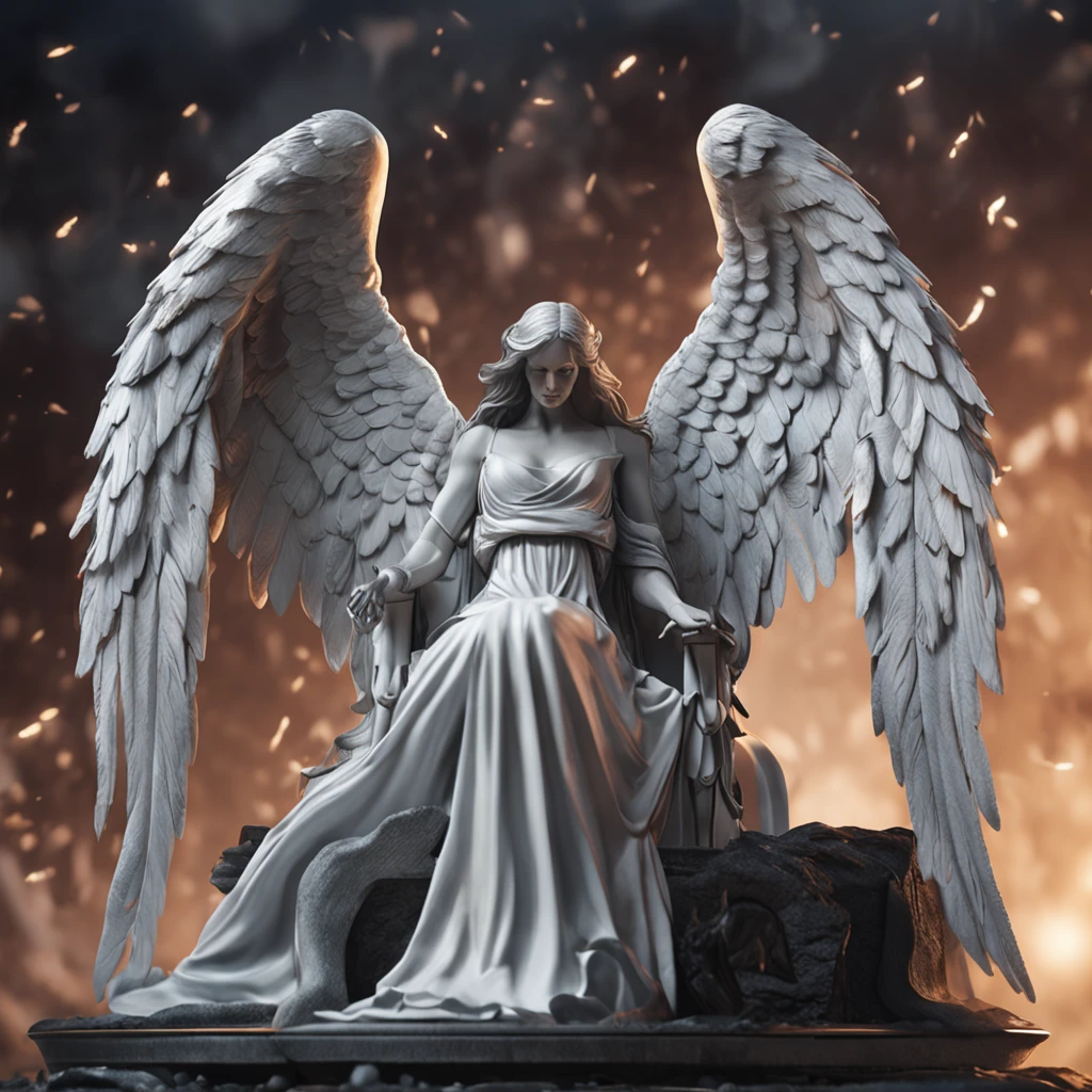 a close up of a statue of an angel with wings, the angel of death, angel of death, unreal engine render + a goddess, villainess has black angel wings, the angel of death with a halo, angel in plastic armor, flowing white robes, portrait of the angel of death, angel knight gothic girl, full - body majestic angel, angel protecting woman, cover art, grasp on to life, hanging on to life, album art for a song with the title Grasp on to Life