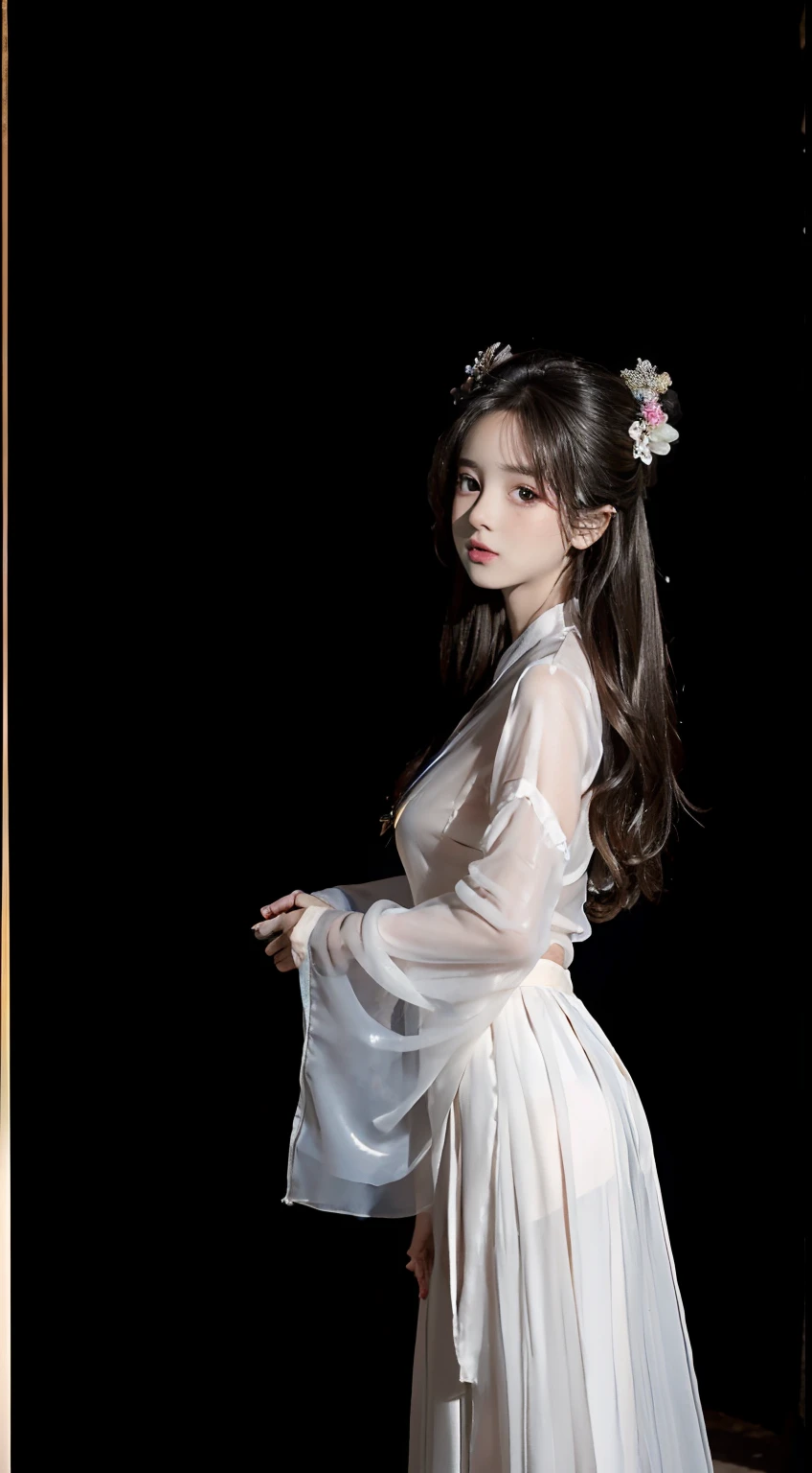 Master quality, highest quality, best picture quality, exaggerated details, a princess cute 8 yeal old, she is maturbate,(long hair / very, very exaggerated big breasts, big tits, in/open v hanfu  transparent fabric, short skirt), in xiaxia hanfu, lace silk