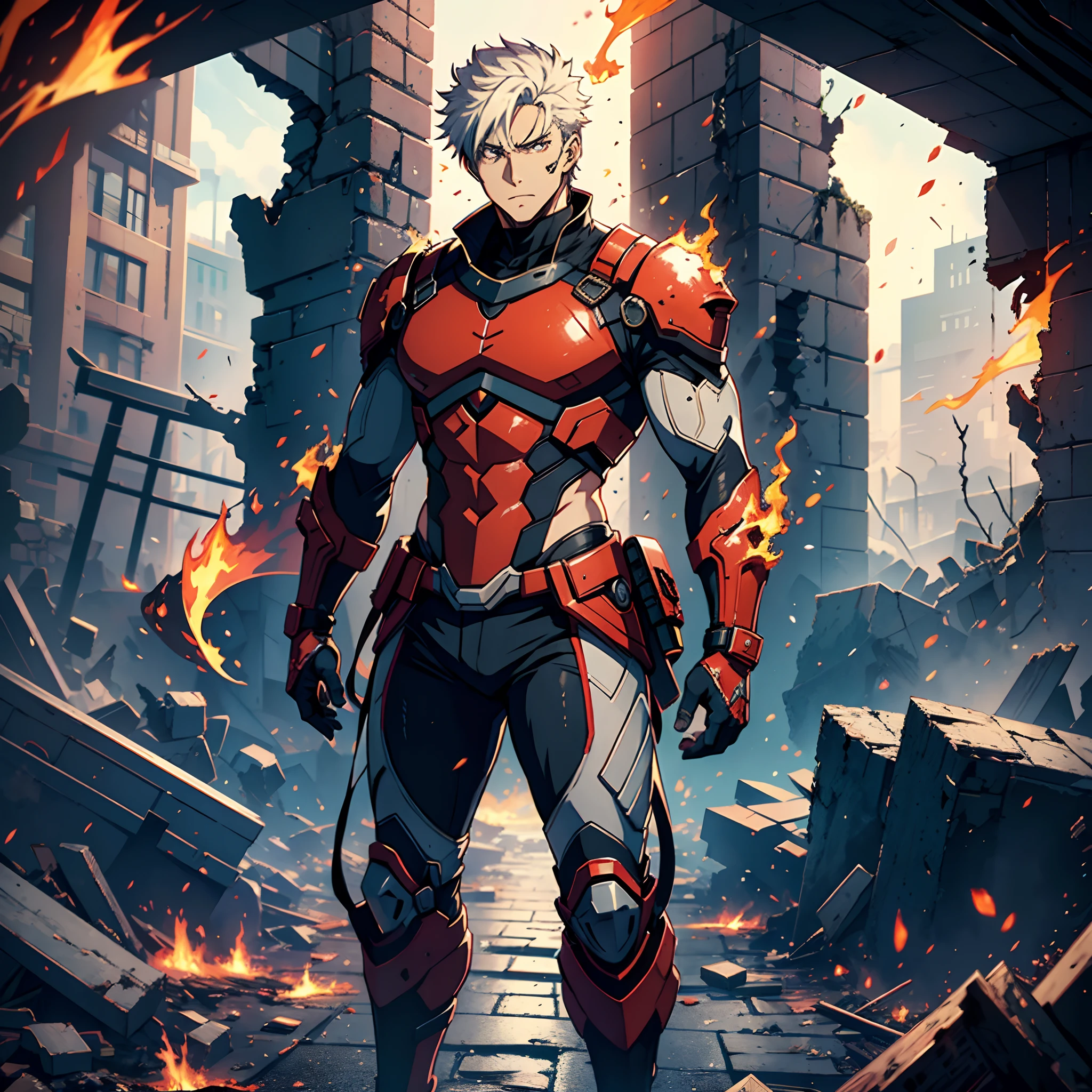of a handsome man,anime big breast,Guardians,Clear facial features,The expression is firm,Stand on a dilapidated wall,A ruin,Surrounded by flames,8K,k hd