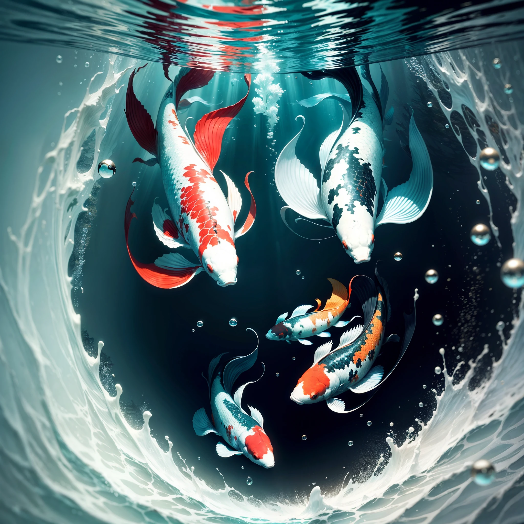 Deep underwater picture of koi fish, rich colours, vibrant,  wide angle, dynamic pose, floating underwater, no water surface, ying yang shape