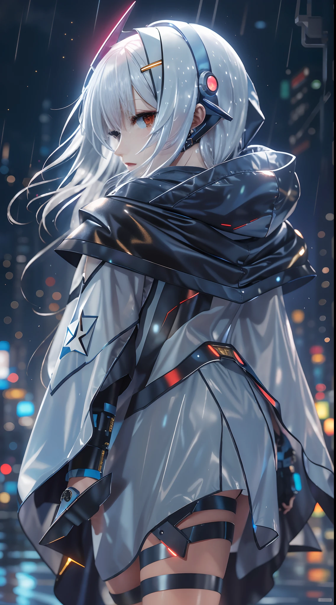 Masterpiece, Best quality, 4K, Mecha, Starry,sky, Star \(sky\), Cape, Hair ribbon, Slim legs, Hood, Long hair, White hair, Cyberpunk, Depth of field, rain, Wet,
