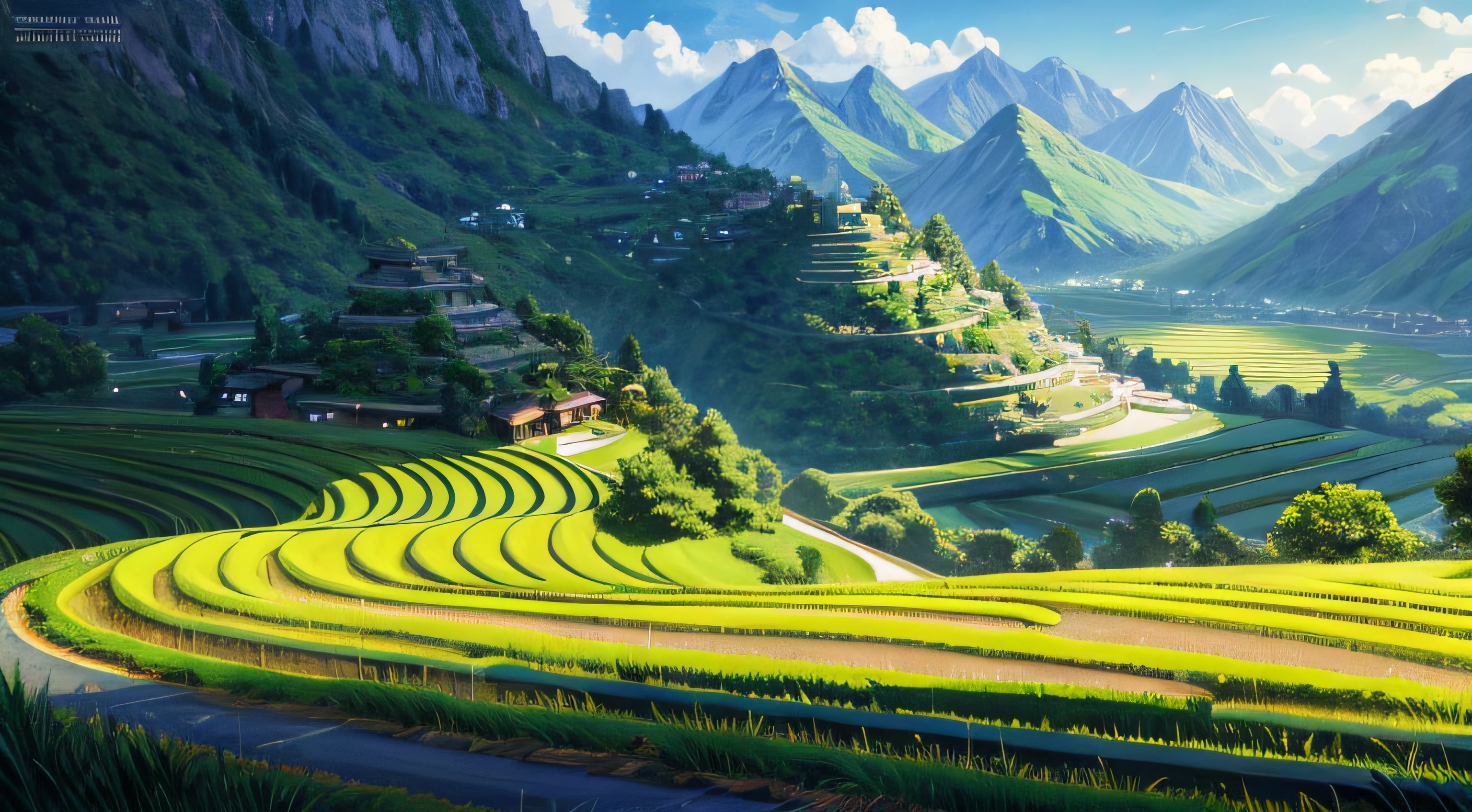 arafed view of a winding road in a valley with a mountain in the background, grass spiral mountain landscape, rice paddies, amazing landscape, futuristic valley, terraced, rolling green hills, terraced orchards and ponds, breathtaking landscape, made of tree and fantasy valley, beautifully lit landscape, natural landscape beauty, shadows. asian landscape, peaceful landscape, stunning landscape