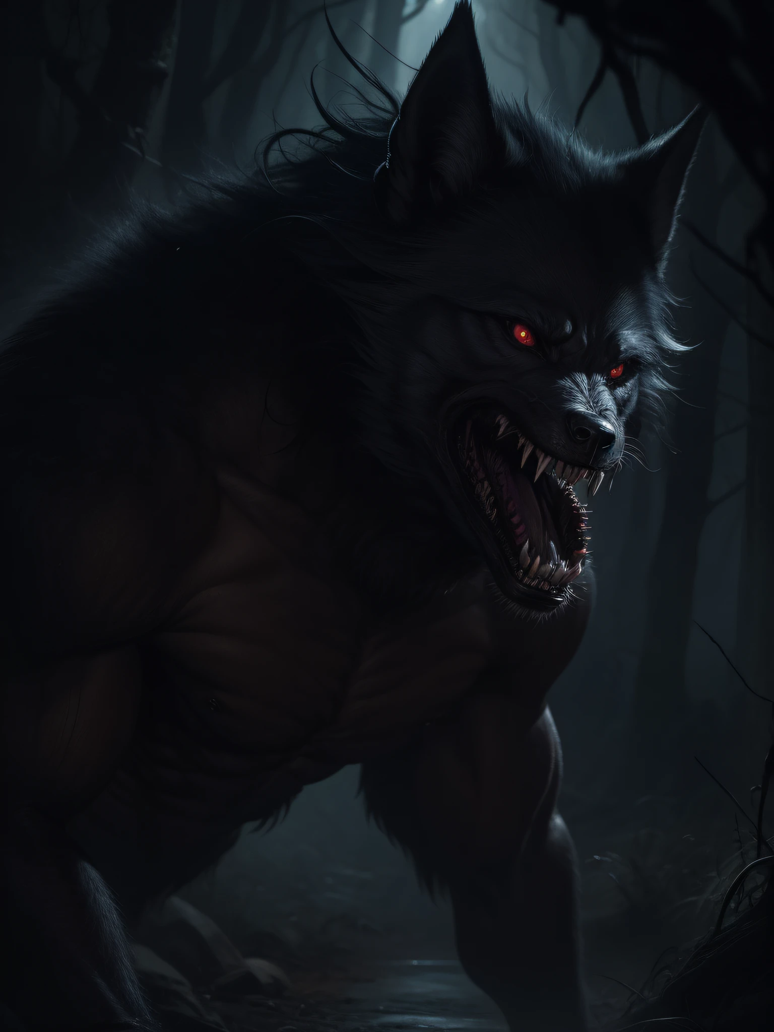 "Horror art depicting a terrifying and nightmarish werewolf creature.", hyper-detailed, realistic, creepy, agressive, "humpbacked pose", agrresive, dynamic