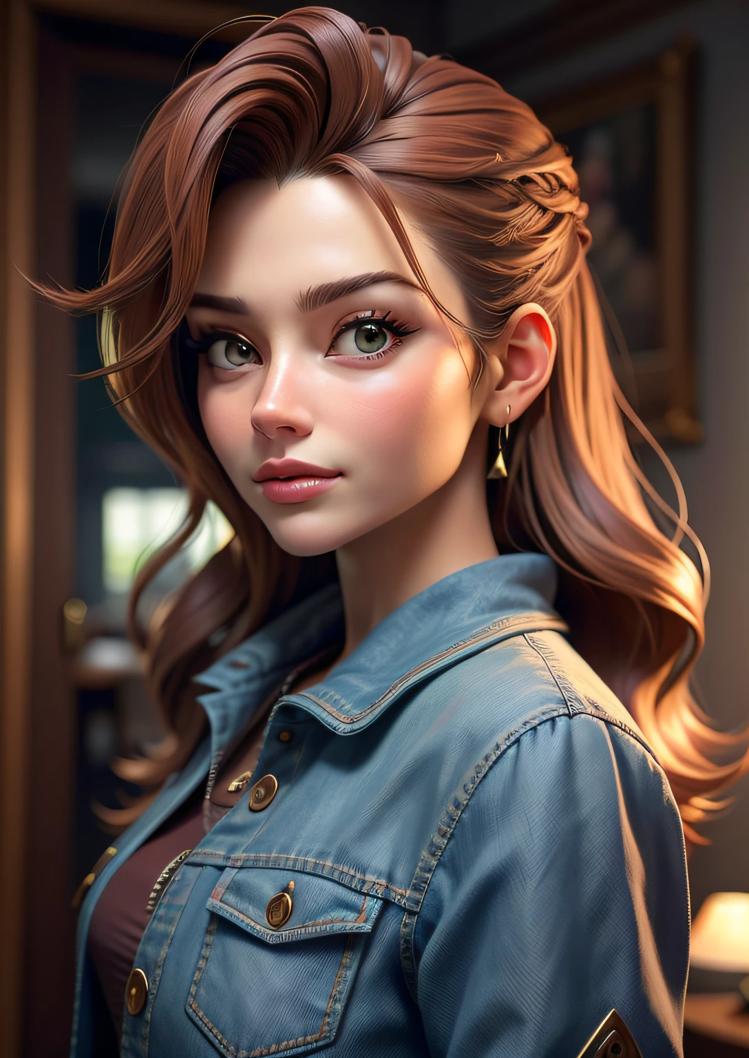 masutepiece, best quality,Loan Jobs ..3d ,Estilo 3d MM,Close-up,retrato, ..3d,1girl em, sozinho, brown hair, colar de cordas, olhando para o lado, Realistic、 corpo inteiroesbian, fundo simples, franja, Desviando o olhar, cabelos pretos longos, separated-lips, maquiagem, longos cabelos castanhos cacheados, olhos verdes, jaqueta jeans vermelha, clivagem, Aerith Gainsborough, Aerith