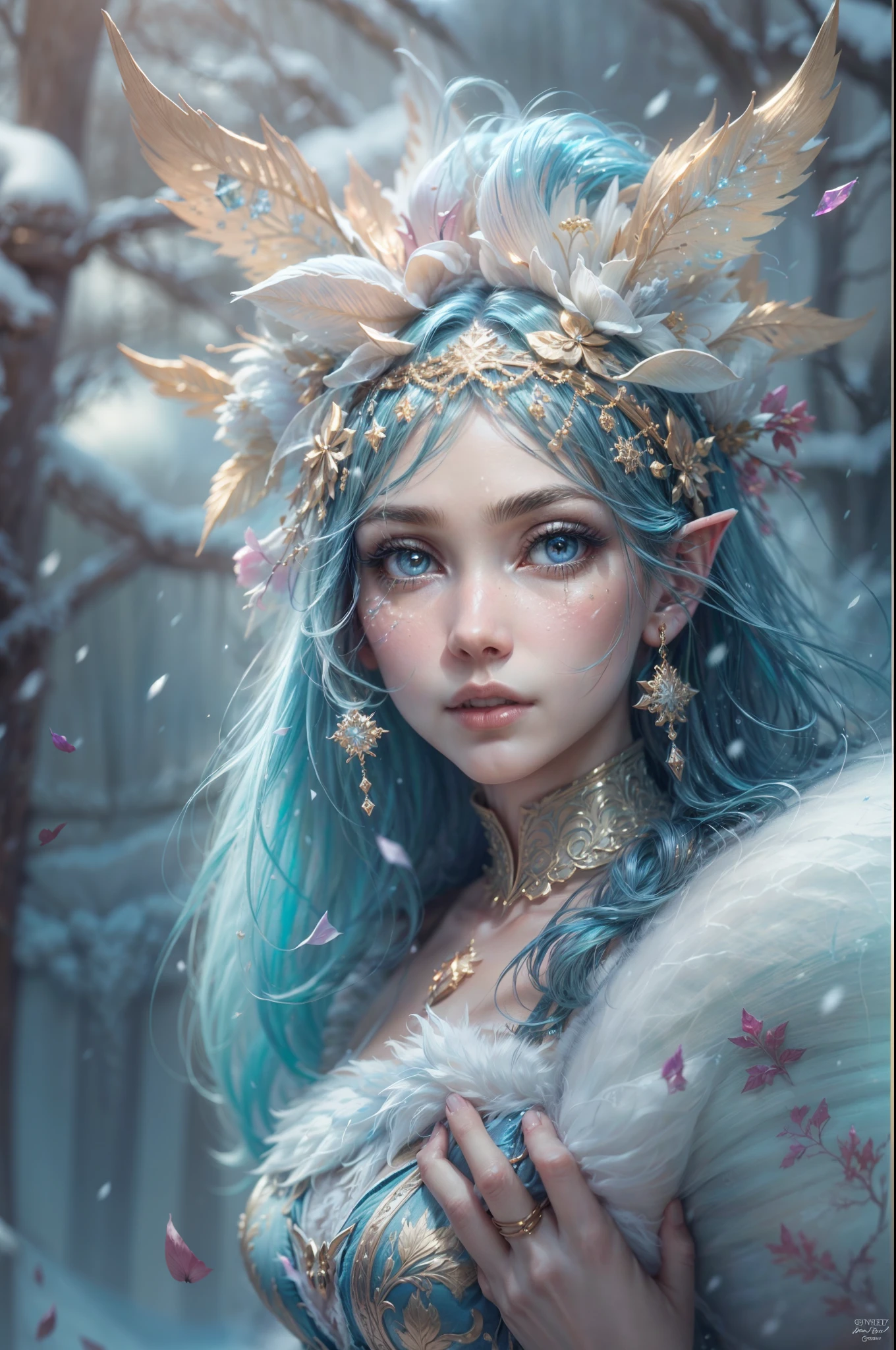 This is a realistic fantasy artwork taking place in a subzero cold winter landscape. Generate a stately, elegant, and graceful Pocahontas elf in a magical world of stunning gilded roses with multicolors and shimmering ice glittering in the light. Her face is elegant and middle-aged and includes realistic shading, incredibly detailed and distinct features, soft puffy and kissable mouth, and (realistic eyes). (Her eyes are important) and should be (beautiful detailed eyes with macro details), realistic details, and a shifting array of beautiful blue colors. Her clothes should be delicately spun from weightless, airy, and expensive gossamer silk with delicate and very subtle floral embroidery, (((many warm layers))), and a variety of complementary colors as well as lots of luxurious fur. Her breasts are subtle and her clothing is very warm and heavy. This image is incredibly creative and emphasizes the beautiful detail of the gilded roses and the pure snow on the ornate ice. Include beautiful detailed snowflakes, icy air, and magical doves. Include pebbles, stones, bumps, glitter, and iridescence. Camera: Utilize dynamic composition techniques to draw the viewer into the scene. Lighting: Enhance the glitter of the snow and ice and emphasize the fantasy winter aspect of the image. Take inspiration from top masters of the genre and trending Midjourney and ArtStation art.