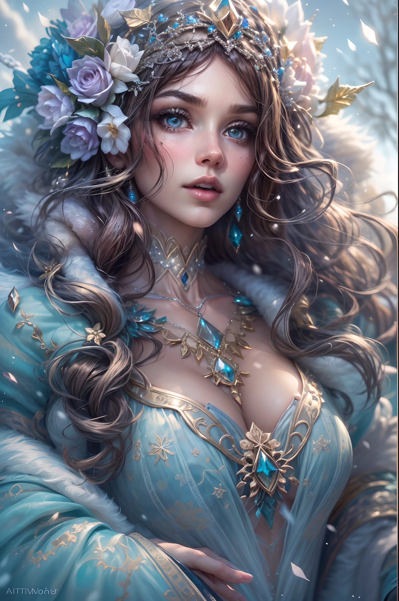 This is a realistic fantasy artwork taking place in a subzero cold winter landscape. Generate a stately, elegant, and graceful Pocahontas elf in a magical world of stunning gilded roses with multicolors and shimmering ice glittering in the light. Her face is elegant and middle-aged and includes realistic shading, incredibly detailed and distinct features, soft puffy and kissable mouth, and (realistic eyes). (Her eyes are important) and should be (beautiful detailed eyes with macro details), realistic details, and a shifting array of beautiful blue colors. Her clothes should be delicately spun from weightless, airy, and expensive gossamer silk with delicate and very subtle floral embroidery, (((many warm layers))), and a variety of complementary colors as well as lots of luxurious fur. Her breasts are subtle and her clothing is very warm and heavy. This image is incredibly creative and emphasizes the beautiful detail of the gilded roses and the pure snow on the ornate ice. Include beautiful detailed snowflakes, icy air, and magical doves. Include pebbles, stones, bumps, glitter, and iridescence. Camera: Utilize dynamic composition techniques to draw the viewer into the scene. Lighting: Enhance the glitter of the snow and ice and emphasize the fantasy winter aspect of the image. Take inspiration from top masters of the genre and trending Midjourney and ArtStation art.