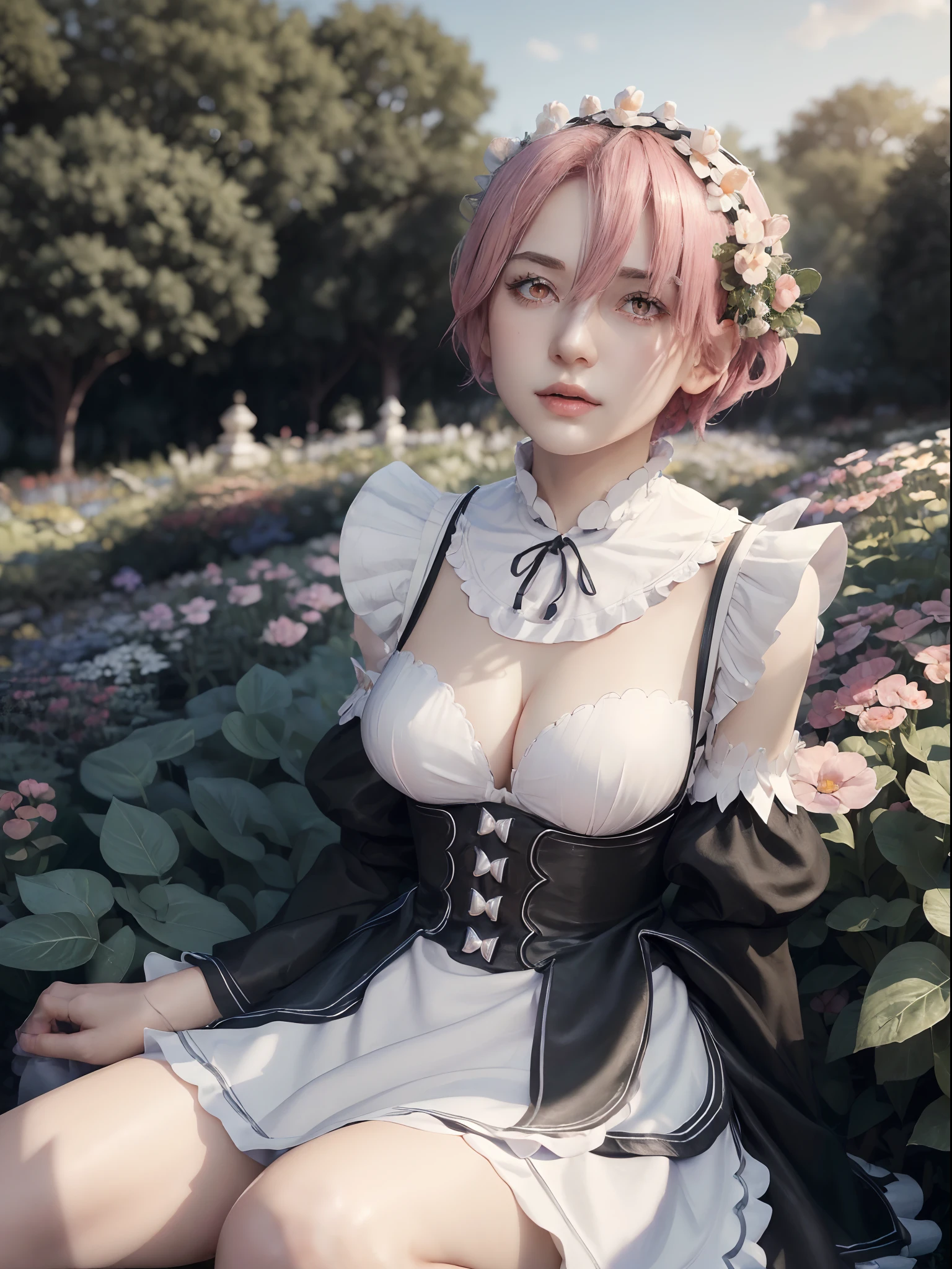 (masterpiece, best quality:1.4), (full body:1.2), (sitting at the garden:1.4), 1girls, (ram_rezero with pink hair:1.2), ram_rezero, short hair, (red eyes, red iris), maid uniform, (black maid uniform:1.5), hair ornament, cleavage, maid headdress, detached sleeves, ribbon, medium breasts, beautifull smile, (beautiful face), (highly detailed face, highly detailed eyes), (highly detailed skin), skin pores, subsurface scattering, realistic pupils, full face blush, full lips, depth of field, volumetric lighting, sharp focus, absurdres, realistic proportions, good anatomy, (realistic, hyperrealistic:1.4), 16k hdr