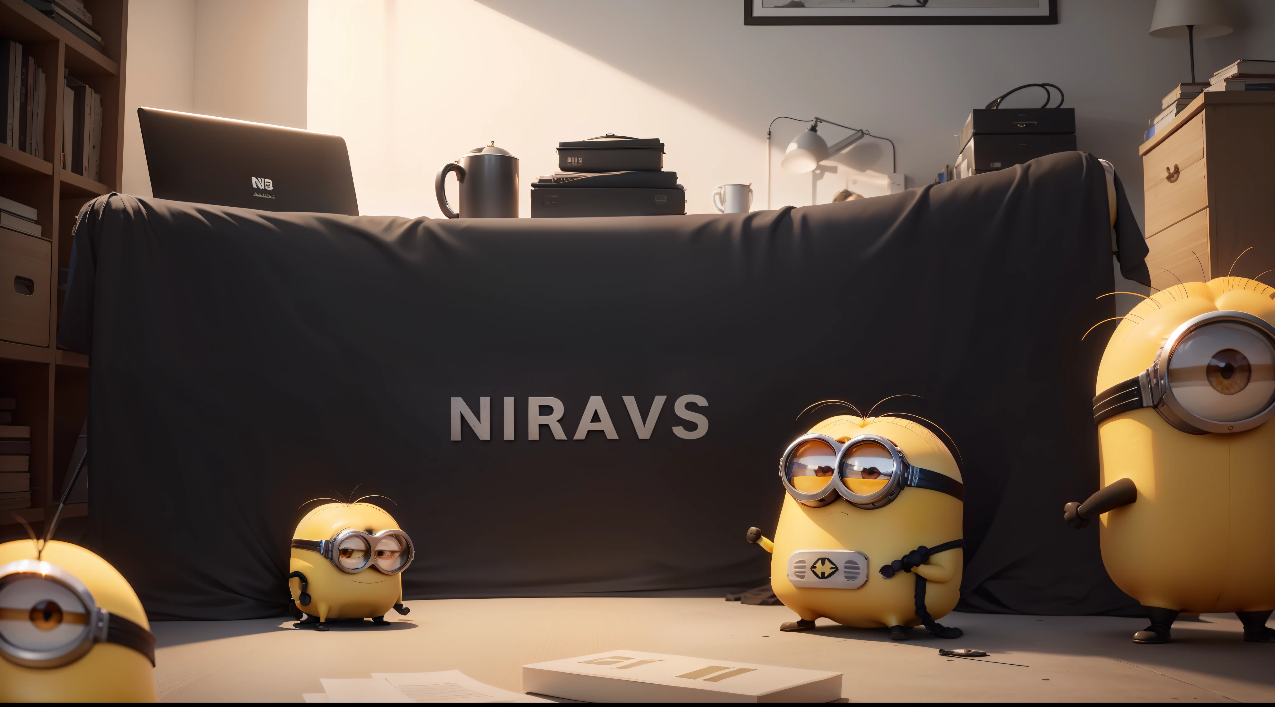A full white studio, two studio light at the top left and right corner, and the text "NWU Shitposting" Black coloured in the middle of the picture, like a funny facebook meme group cover photo size, super ultra HD HQ Quality, 4k, ultra detailed, photography, minion movie intro style, highest quality, highest detail, studio highlighted, with some minion cartoons at the bottom of the picture playing and fighting with each other