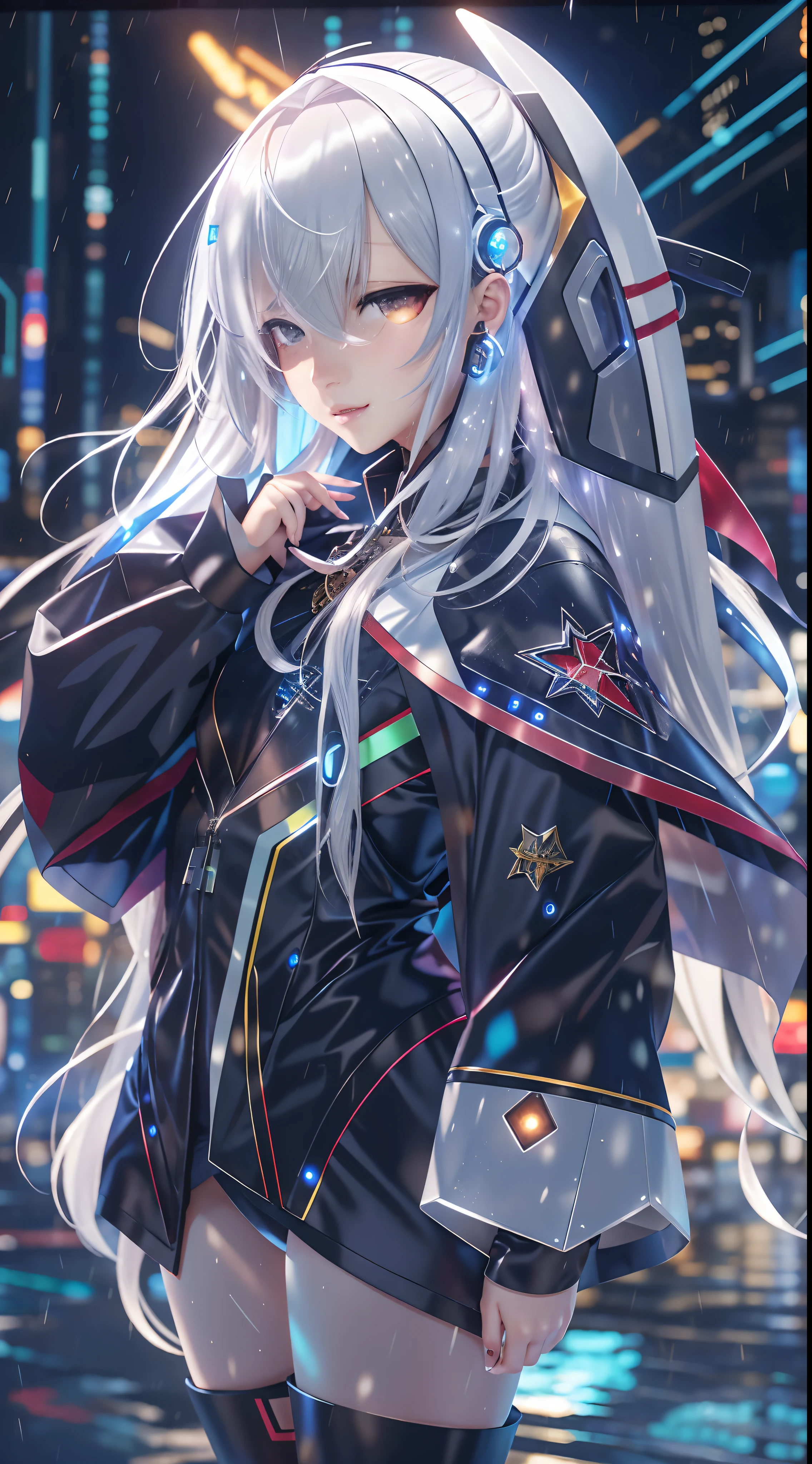 Masterpiece, Best quality, 4K,  Mecha, Starry,sky,  Star \(sky\), Cape,  Hair ribbon, Slim legs,  Hood,  Long hair, White hair, Cyberpunk, Depth of field,  rain, Wet,