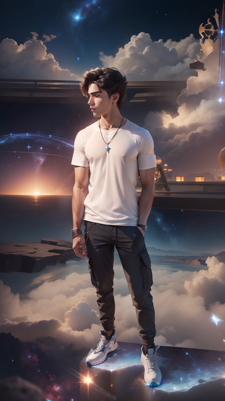 Change background to cosmic stars , handsome boy , realistic face , 8k.