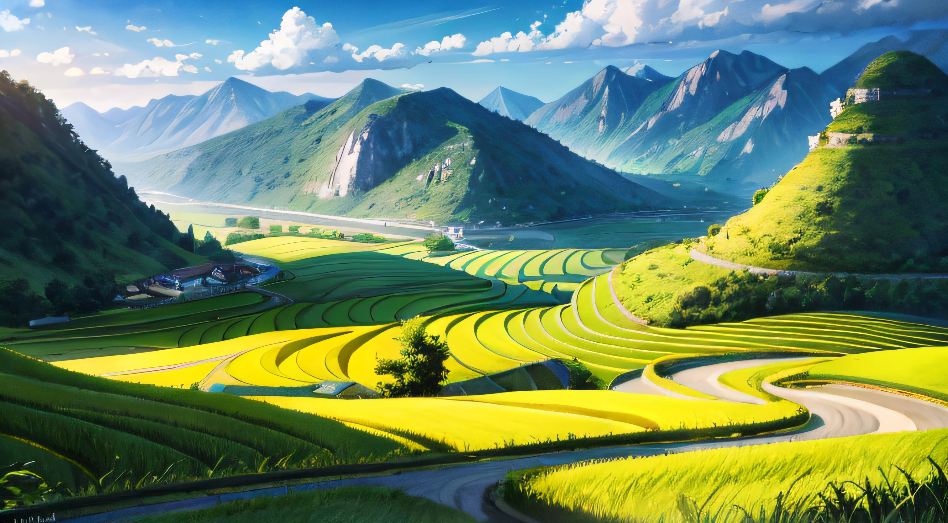 arafed view of a winding road in a valley with a mountain in the background, grass spiral mountain landscape, rice paddies, amazing landscape, futuristic valley, terraced, rolling green hills, terraced orchards and ponds, breathtaking landscape, made of tree and fantasy valley, beautifully lit landscape, natural landscape beauty, shadows. asian landscape, peaceful landscape, stunning landscape