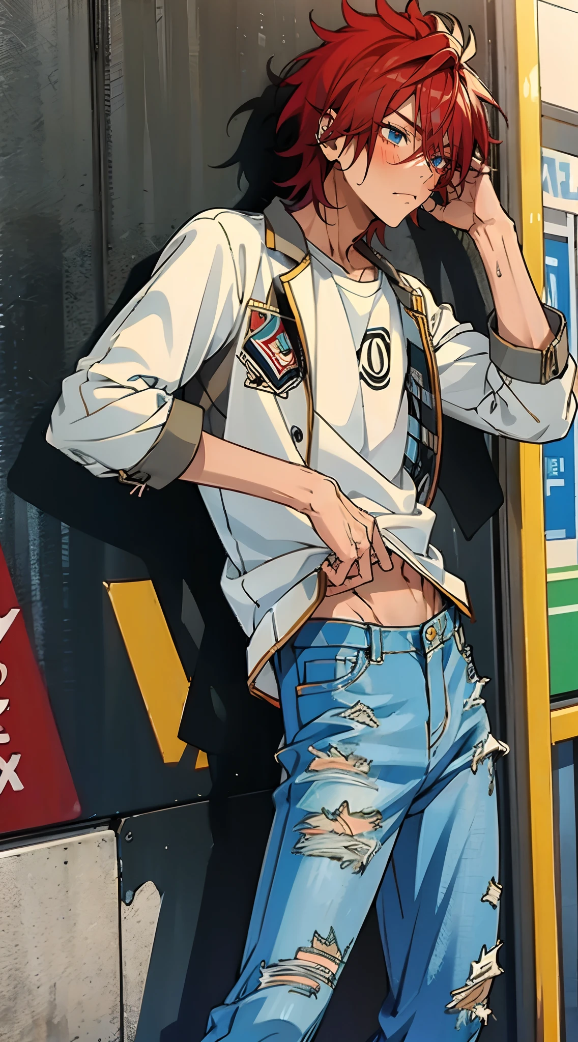 rinne, solo, portrait, bust, 1boy, red hair, blue eyes, shirtless, abs, denim, jeans, blue pants, torn pants, torn jeans