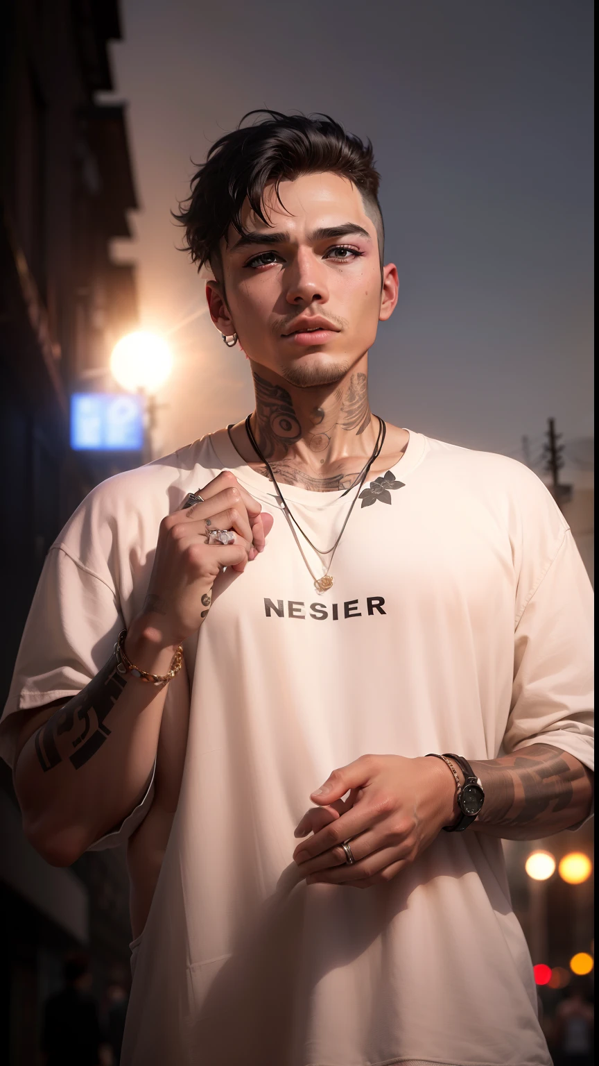(top-quality、8K、32K、masterpiece、nffsw:1.3)、(Photorealsitic:1.4),21-year-old punk men ,A detailed eye、Detailed lips,Wacky punk hair,Radical punk fashion,Tank Tops、Wacky makeup、A pink-haired,、Tattoos on the body,、Street background、Backlight effect、depth of fields,blurry backround,,,,,,,,,,,,