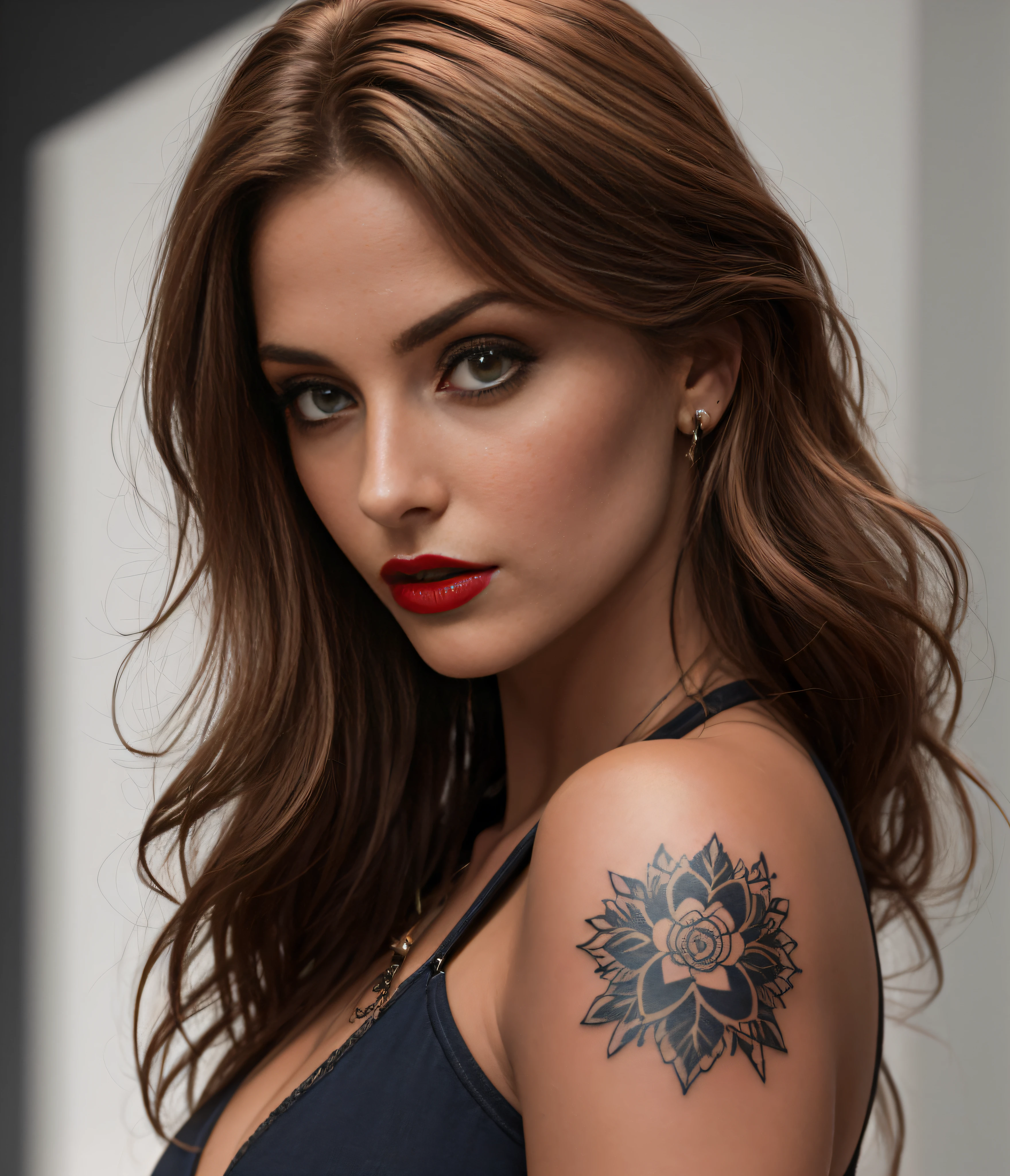 absurdres, foto RAW, mais alta qualidade, (obra-prima: 1.3), foto de cor RAW de alto detalhe, foto profissional, unidade de papel de parede CG 8k extremamente detalhada, foto-realista, realista, foto RAW, obra-prima, melhor qualidade, highres, illustration, 1girl, , baixinha, tiny girl, magra, branca, ruiva, cabelo vermelho, cabelo ruivo com cachos, cabelo ondulado, curly hair, Average length, cabelo preso, pernas finas, rosto lindo perfeito com sardas, cardune lips, belos olhos realistas, olho direito verde, olho esquerdo azul, heterocromia, pale skin, textura de pele detalhada, seios planos, seios muito pequenos, bunda pequena. Rosas vermelhas tatuadas nos ombros, tattoos of pagan symbols on the forearms and hands. Corpo magro, esguio. Ruiva. Sorriso. Saindo do banho. Suada. Fazendo sexo oral. De quatro na cama. Estilo bruxa. Pagan style, Celtic, wiccan. Escocesa. She looks amazing. (colar com pingente de pentagrama, design detalhado), cama, goth bedroom, noite.