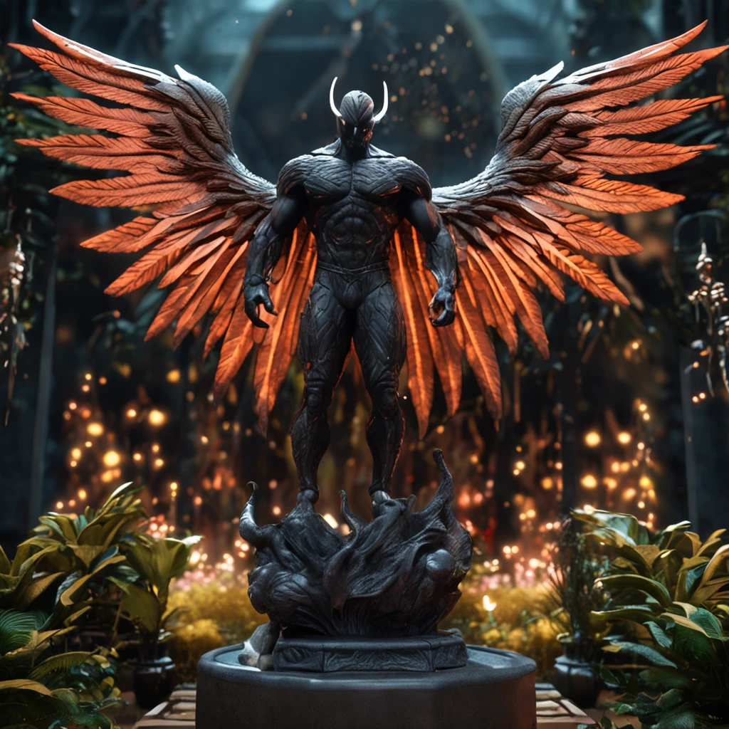 a close up of a black statue with large wings, faceless humanoid male, angel of death, unreal engine render + a god, villain has black wings, no face, plain face, muscular build, garden background, intricate garden background,