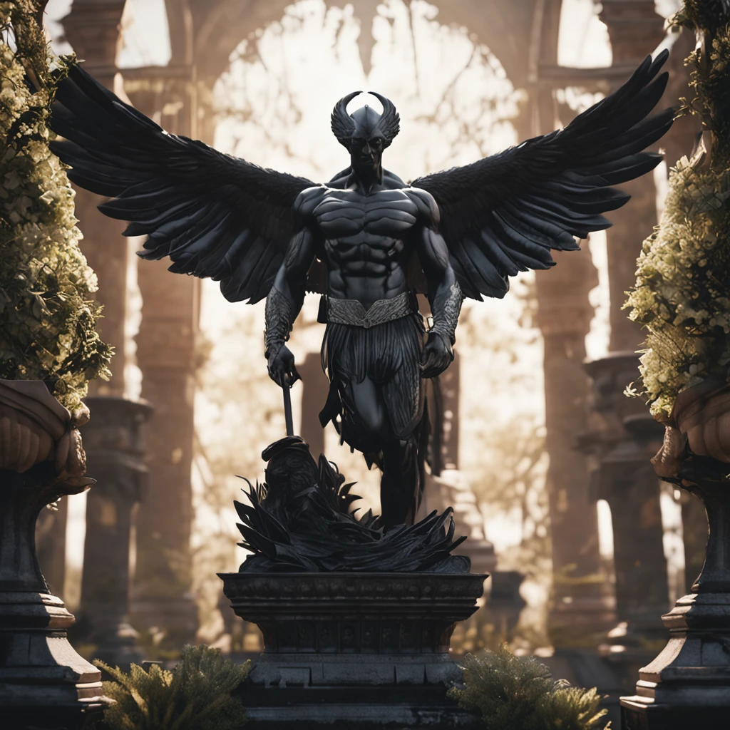 a close up of a black statue with large wings, faceless humanoid male, angel of death, unreal engine render + a god, villain has black wings, no face, plain face, muscular build, garden background, intricate garden background,