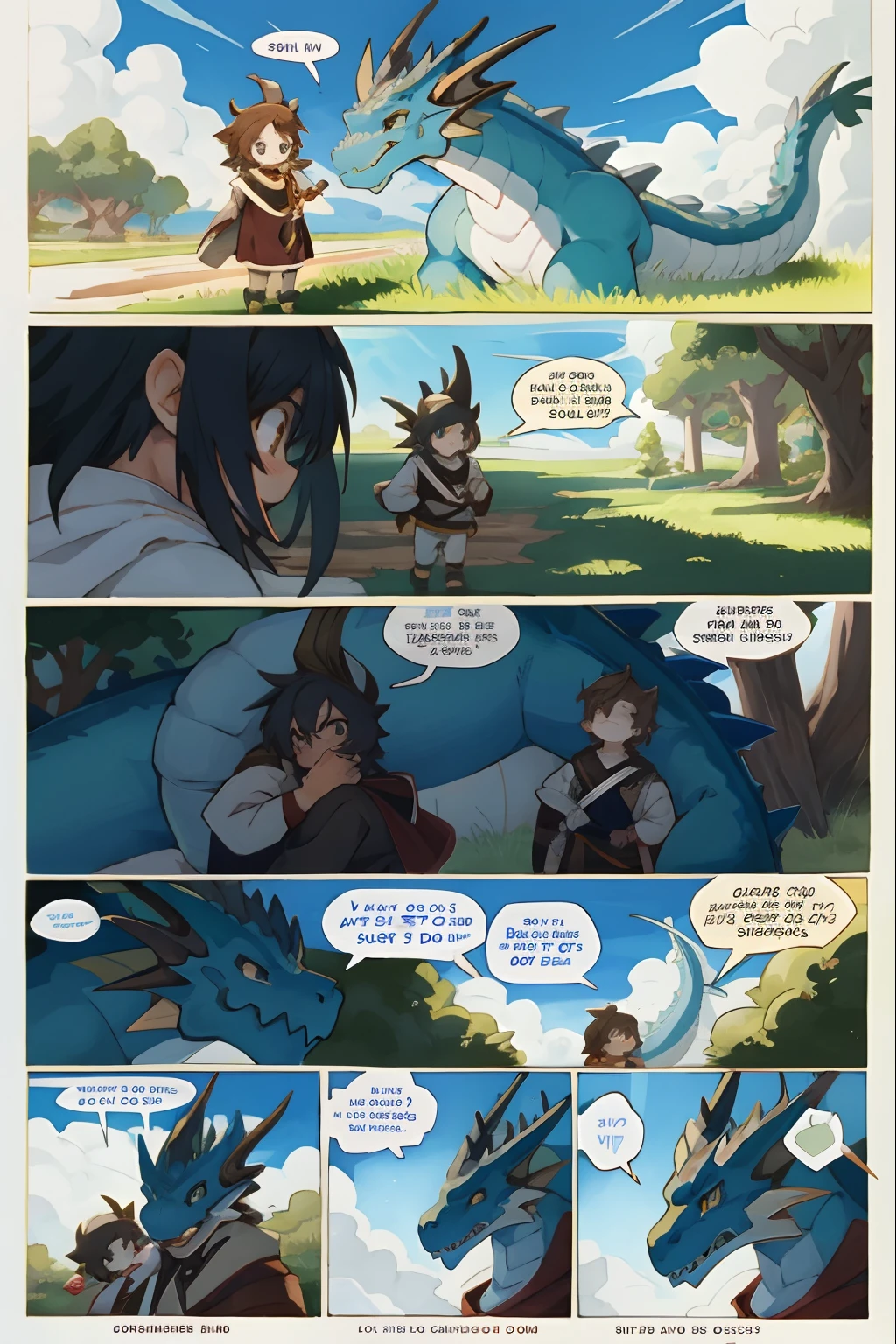 Qualidade Superior, best quality, Altas, master part, super high resolution, Antecedentes detalhados, campo de grama, under the refreshing blue sky, height difference, big dragon, sorrir, hugs girl((film of a dragon and human child girl))girl hugs dragon, saia do vestido, sorrir, boca aberta, Feliz, Absurdos alegres(Rosto e olhos bonitos altamente detalhados)anatomia perfeita, good lighting, Cinematic shadow, Miscellaneous expressions, poses variadas, Varied angles, corpo inteiro, tiro superior, Dynamic angle(Comic panel layouts for girls, speech bubble, English text, Hand-drawn sound effects stickers used in women's comics),