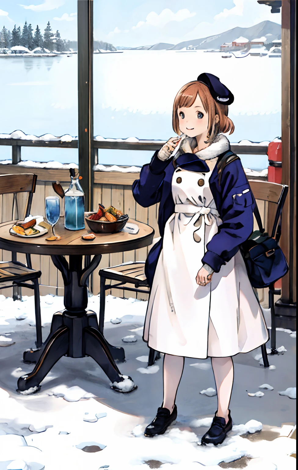 best quality, detailed background, girl,sea, cafeteria, bird, snow, winter,