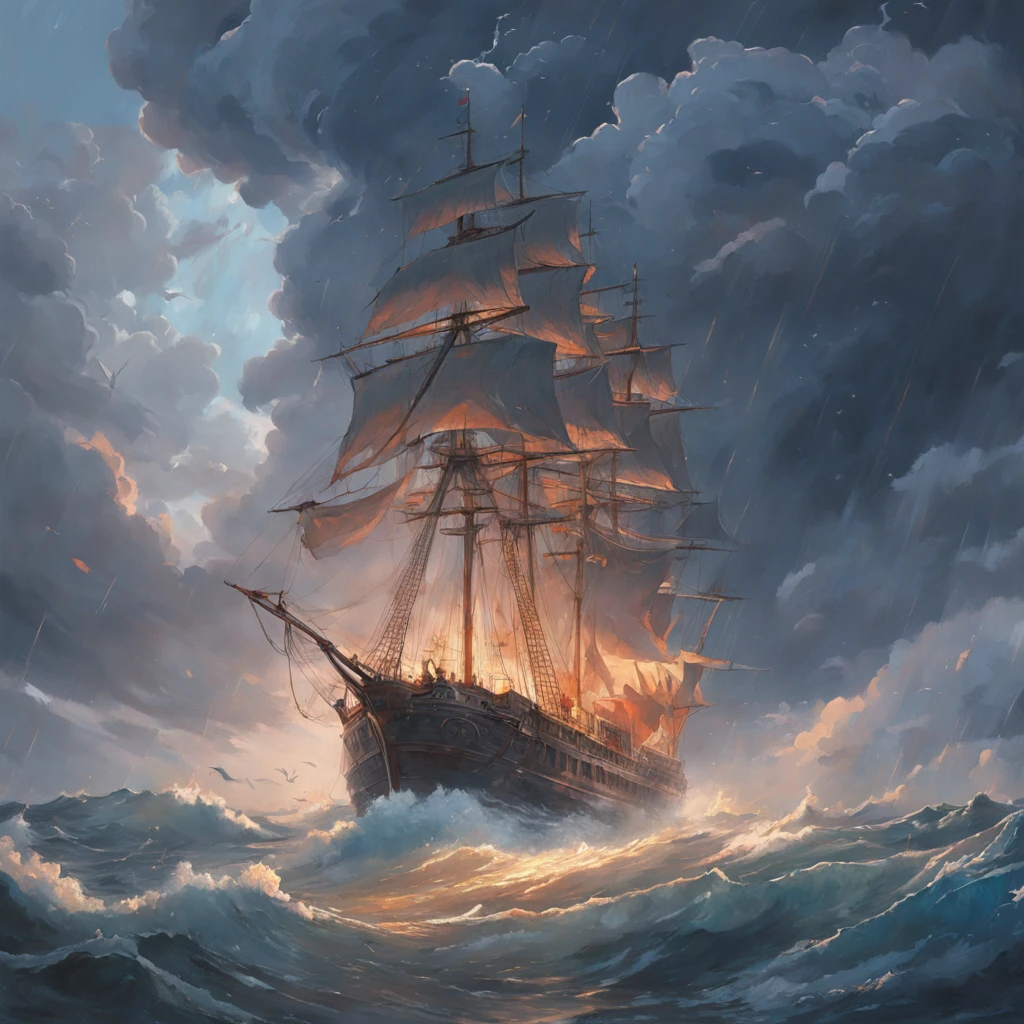 Um navio pirata em uma tempestade tempestuosa com nuvens escuras, redemoinho engolindo o navio, Grandes ondas inundaram a estrada, Detailed oil painting, A chama queima, Unreal rendering 5, RHADS, Sargent e Ryan Decker, Savlasov Levitan Polenov, Por Bruce Pennington, por Ghibli studio, Tim Hildebrandt, arte digital, pintura de paisagem, rendering by octane, beautiful composition, trending on artstationh, uma fotografia premiada, master part, Busque estilo, (dreamlike art:1.2). Estilo MDJRNY-V4