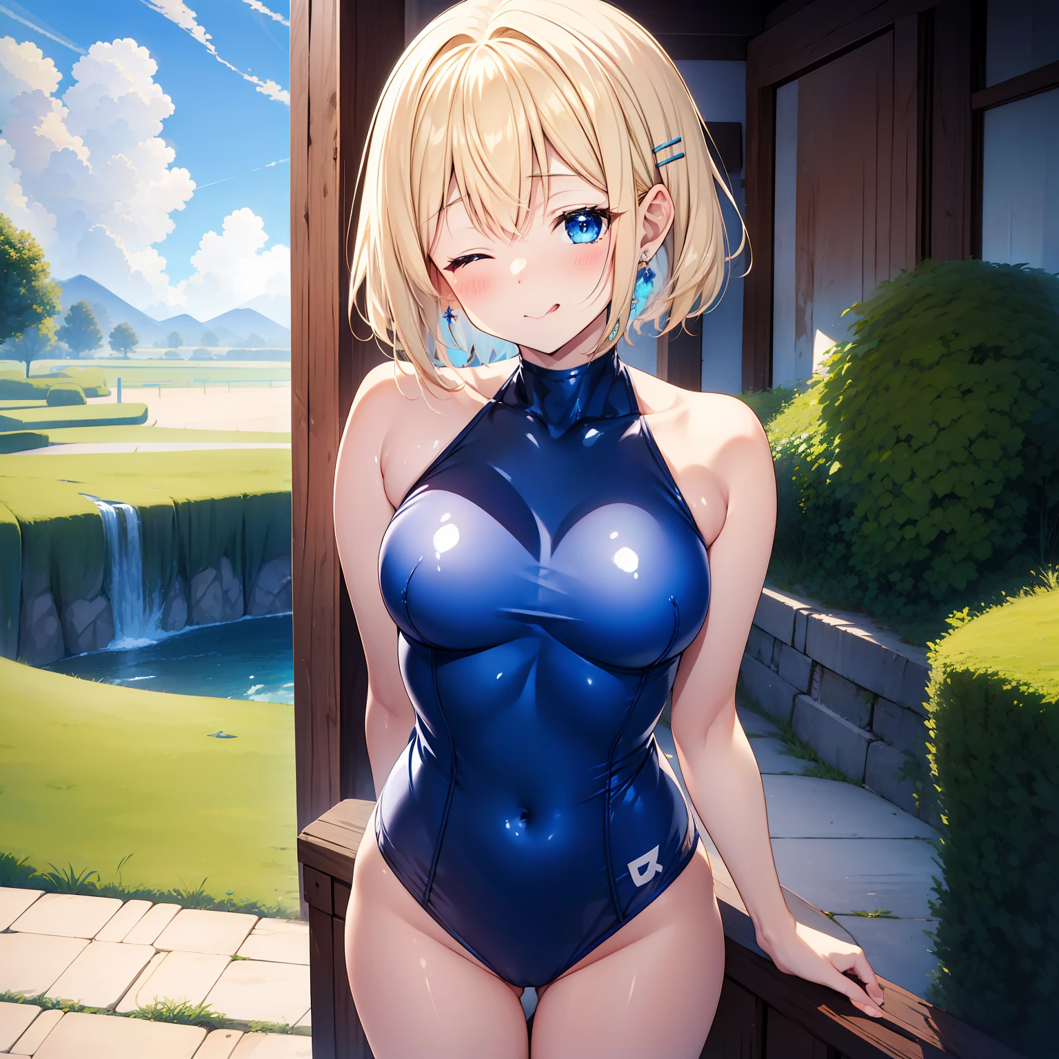 absurderes, ultra-detailliert,bright colour, extremely beautiful detailed anime face and eyes, view straight on, ;D, shiny_skin,25 years old, Short hair, , asymmetrical bangs, Blonde hair with short twin tails, Shiny hair, Delicate beautiful face, red blush,Turquoise eyes, White skin, Hair Clip Happy Smile, shiny_skin,blush、put out the tongue,one eye closed,(hair clips), earrings, (Swimsuit), Clothes, Beautiful cloud,Blue sky,、(Cowboy Shot:1.3)、