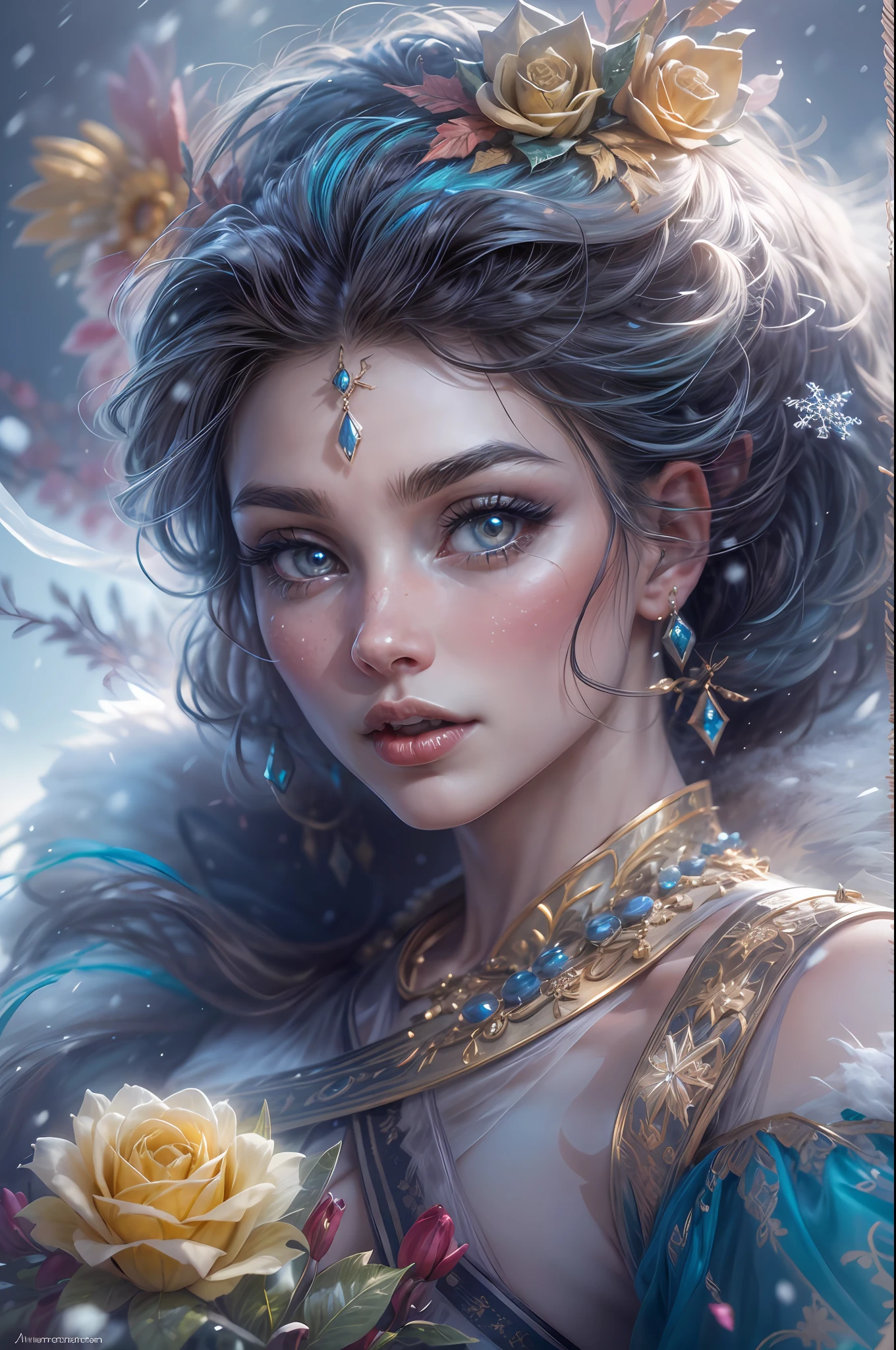 This is a realistic fantasy artwork taking place in a subzero cold winter landscape. Generate a stately, elegant, and graceful Pocahontas elf in a magical world of stunning gilded roses with multicolors and shimmering ice glittering in the light. Her face is elegant and middle-aged and includes realistic shading, incredibly detailed and distinct features, soft puffy and kissable mouth, and (realistic eyes). (Her eyes are important) and should be (beautiful detailed eyes with macro details), realistic details, and a shifting array of beautiful blue colors. Her clothes should be delicately spun from weightless, airy, and expensive gossamer silk with delicate and very subtle floral embroidery, (((many warm layers))), and a variety of complementary colors as well as lots of luxurious fur. Her breasts are subtle and her clothing is very warm and heavy. This image is incredibly creative and emphasizes the beautiful detail of the gilded roses and the pure snow on the ornate ice. Include beautiful detailed snowflakes, icy air, and magical doves. Include pebbles, stones, bumps, glitter, and iridescence. Camera: Utilize dynamic composition techniques to draw the viewer into the scene. Lighting: Enhance the glitter of the snow and ice and emphasize the fantasy winter aspect of the image. Take inspiration from top masters of the genre and trending Midjourney and ArtStation art.