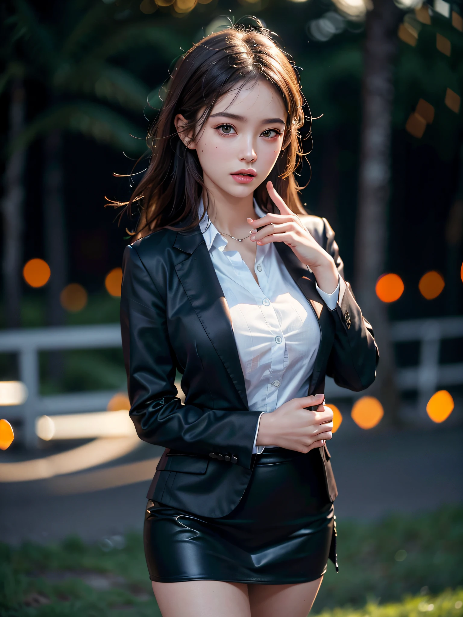 best quality, masterpiece, 1girl, Beautiful face, (photo realistic:1.3), rim lighting, (high detailed skin:1.2), 8k uhd, dslr, high quality, high resolution, 4k, 8k, Bokeh, absurdres, best ratio four finger and one thumb, (realistic:1.3), cute 1girl, wearing black formal blazer, medium breasts, short skirt,