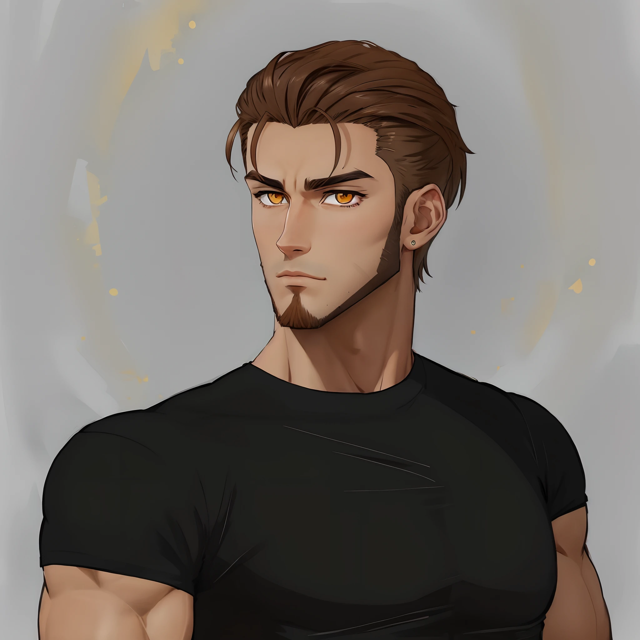 Golden eyes,brown hair,Blackn clothes,musculature,big physique,Cartoon close-up of a man with a beard, Anime portrait of a handsome man, Anime handsome man, Male anime style, young anime man, in an anime style, Varguyart style, handsome stunning realistic, semi realistic anime