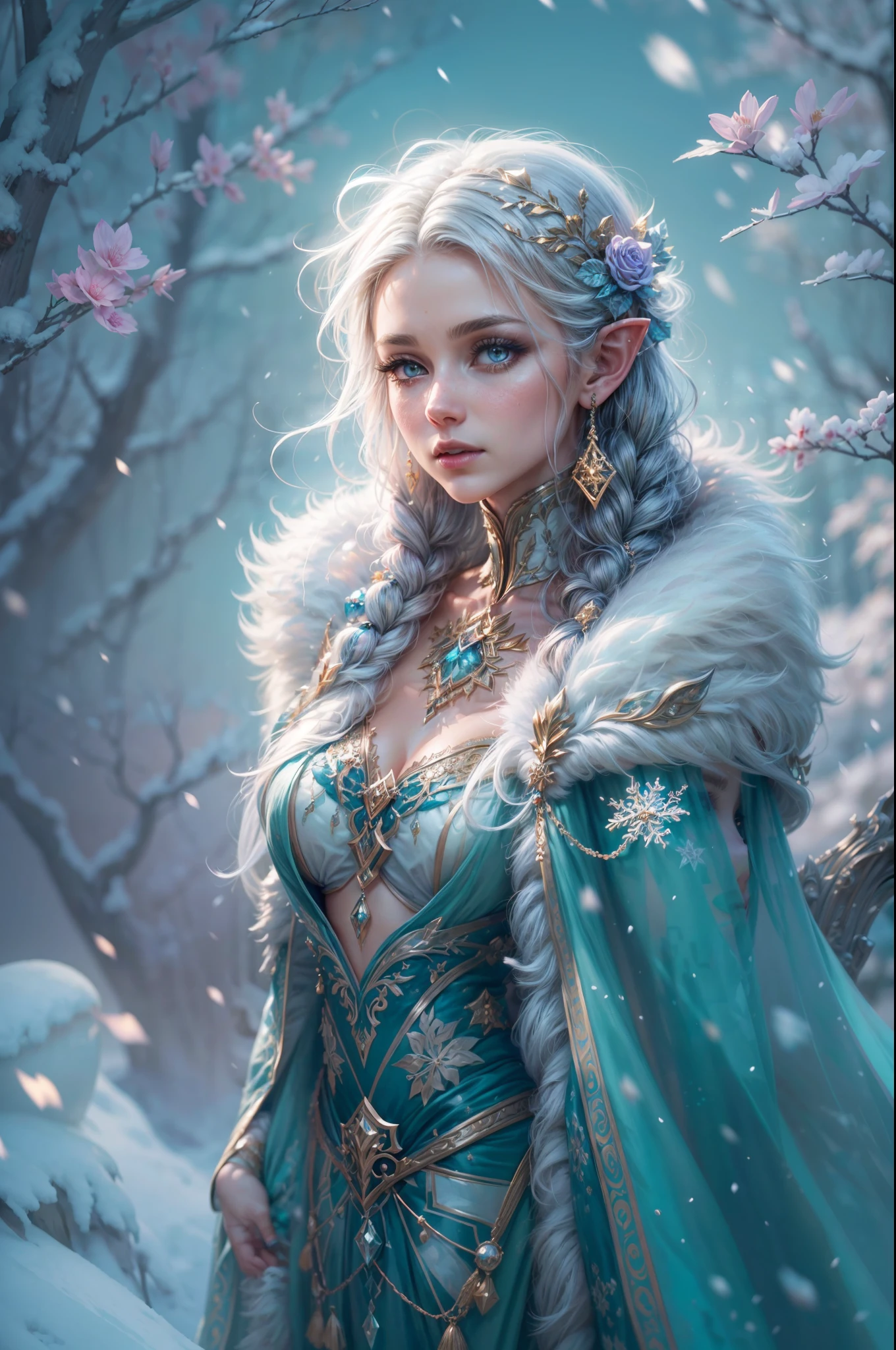 This is a realistic fantasy artwork taking place in a subzero cold winter landscape. Generate a stately, elegant, and graceful Pocahontas elf in a magical world of stunning gilded roses with multicolors and shimmering ice glittering in the light. Her face is elegant and middle-aged and includes realistic shading, incredibly detailed and distinct features, soft puffy and kissable mouth, and (realistic eyes). (Her eyes are important) and should be (beautiful detailed eyes with macro details), realistic details, and a shifting array of beautiful blue colors. Her clothes should be delicately spun from weightless, airy, and expensive gossamer silk with delicate and very subtle floral embroidery, (((many warm layers))), and a variety of complementary colors as well as lots of luxurious fur. Her breasts are subtle and her clothing is very warm and heavy. This image is incredibly creative and emphasizes the beautiful detail of the gilded roses and the pure snow on the ornate ice. Include beautiful detailed snowflakes, icy air, and magical doves. Include pebbles, stones, bumps, glitter, and iridescence. Camera: Utilize dynamic composition techniques to draw the viewer into the scene. Lighting: Enhance the glitter of the snow and ice and emphasize the fantasy winter aspect of the image. Take inspiration from top masters of the genre and trending Midjourney and ArtStation art.