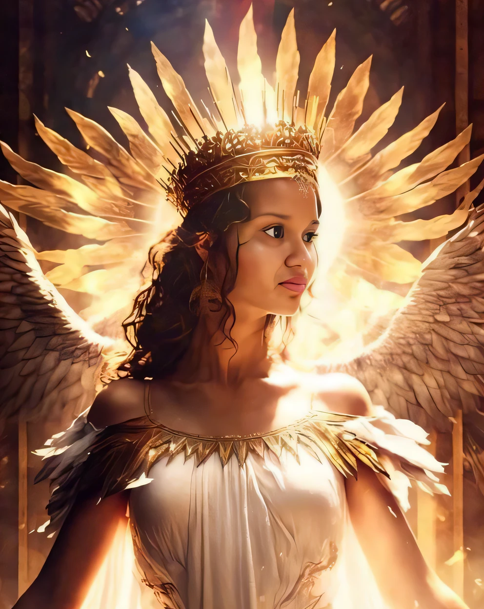 a woman with a crown and wings standing in a room, Deusa Dourada Atena, Natalie Portman como uma deusa, Deusa grega Atena, Emilia Clarke como uma deusa grega, Emma Watson como um anjo, deusa jovem, venus godness athena, Deusa Rainha, gold wings on head, Kristen Bell como uma deusa grega, deusa bonita, A Deusa Hera parecendo irritada