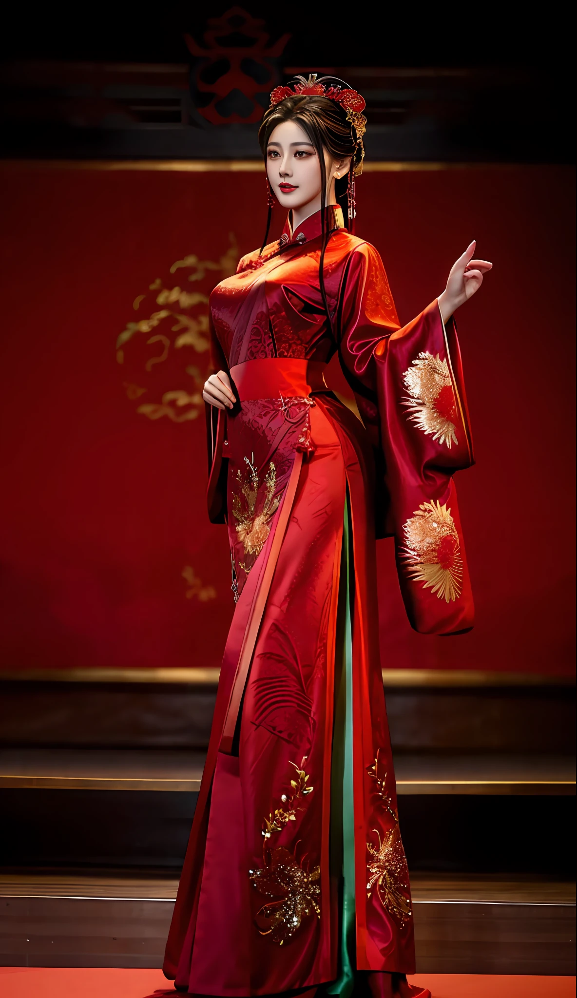 A woman in a red dress stands on stage,arms out, full-body xianxia, Wearing a red cheongsam, Cheongsam, Fan Bingbing, shaxi, elegant red color dress, Chinese dress, xision wu, wearing red formal attire, chinese empress, author:Teacher Elena, inspired by Xie Sun, ruan jia beautiful!
