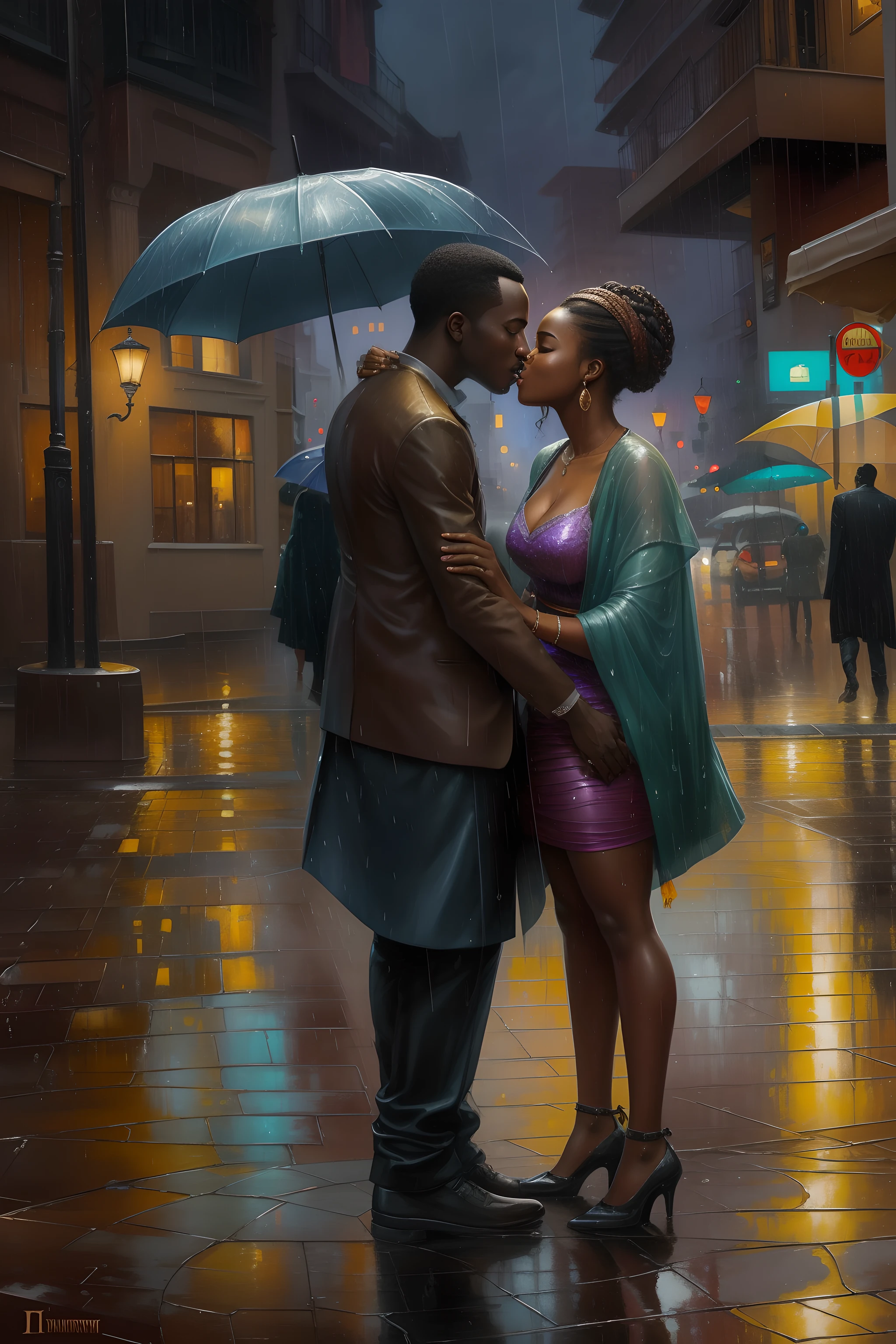 painting of a dark skin African couple kissing in the rain on a city street, romantic painting, by Brian Thomas, lovers, by Hristofor Žefarović, pino daeni and dan mumford, by Thomas Wijck, sensual painting, romantic couple, by Jason Benjamin, inspired by Raymond Leech, by Kristian Kreković