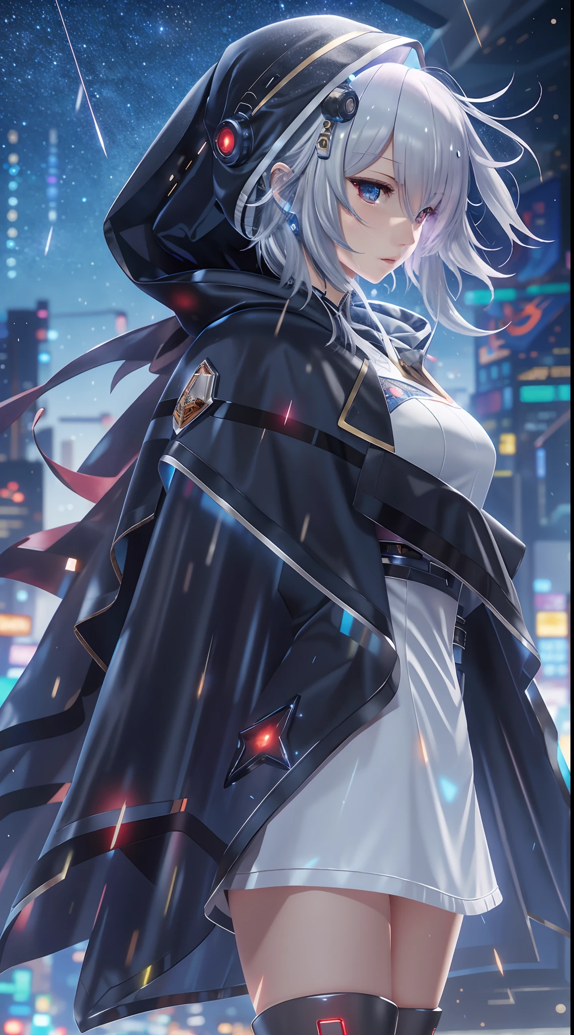Masterpiece, Best quality, 4K, Mecha, Starry,sky, Star \(sky\), Cape, Hair ribbon, Slim legs, Hood, Long hair, White hair, Cyberpunk, Depth of field, rain, Wet,