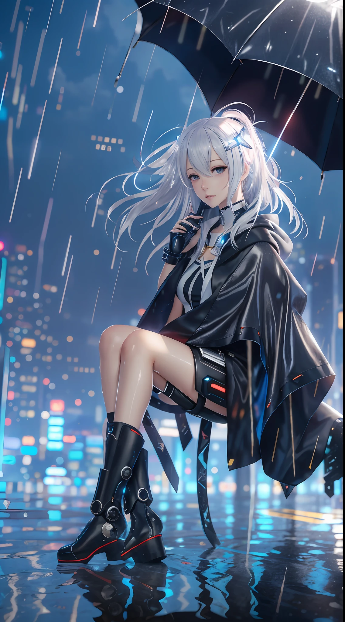 Masterpiece, Best quality, 4K,  Mecha, Starry,sky,  Star \(sky\), Cape,  Hair ribbon, Slim legs,  Hood,  Long hair, White hair, Cyberpunk, Depth of field,  rain, Wet,
