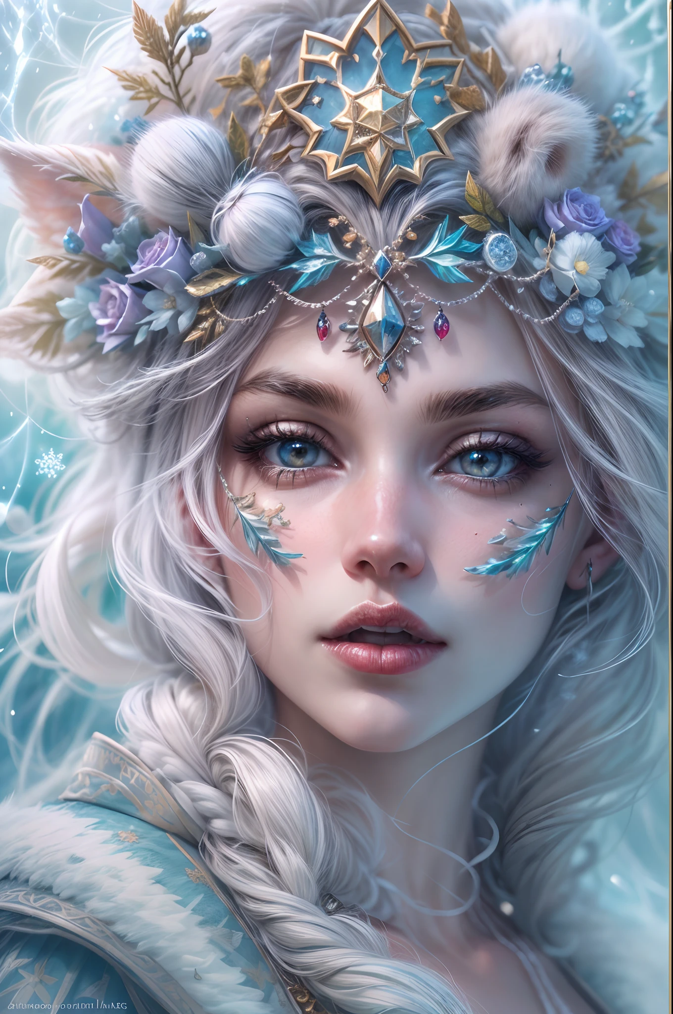 This is a realistic fantasy artwork taking place in a subzero cold winter landscape. Generate a stately, elegant, and graceful Pocahontas elf in a magical world of stunning gilded roses with multicolors and shimmering ice glittering in the light. Her face is elegant and middle-aged and includes realistic shading, incredibly detailed and distinct features, soft puffy and kissable mouth, and (realistic eyes). (Her eyes are important) and should be (beautiful detailed eyes with macro details), realistic details, and a shifting array of beautiful blue colors. Her clothes should be delicately spun from weightless, airy, and expensive gossamer silk with delicate and very subtle floral embroidery, (((many warm layers))), and a variety of complementary colors as well as lots of luxurious fur. Her breasts are subtle and her clothing is very warm and heavy. This image is incredibly creative and emphasizes the beautiful detail of the gilded roses and the pure snow on the ornate ice. Include beautiful detailed snowflakes, icy air, and magical doves. Include pebbles, stones, bumps, glitter, and iridescence. Camera: Utilize dynamic composition techniques to draw the viewer into the scene. Lighting: Enhance the glitter of the snow and ice and emphasize the fantasy winter aspect of the image. Take inspiration from top masters of the genre and trending Midjourney and ArtStation art.