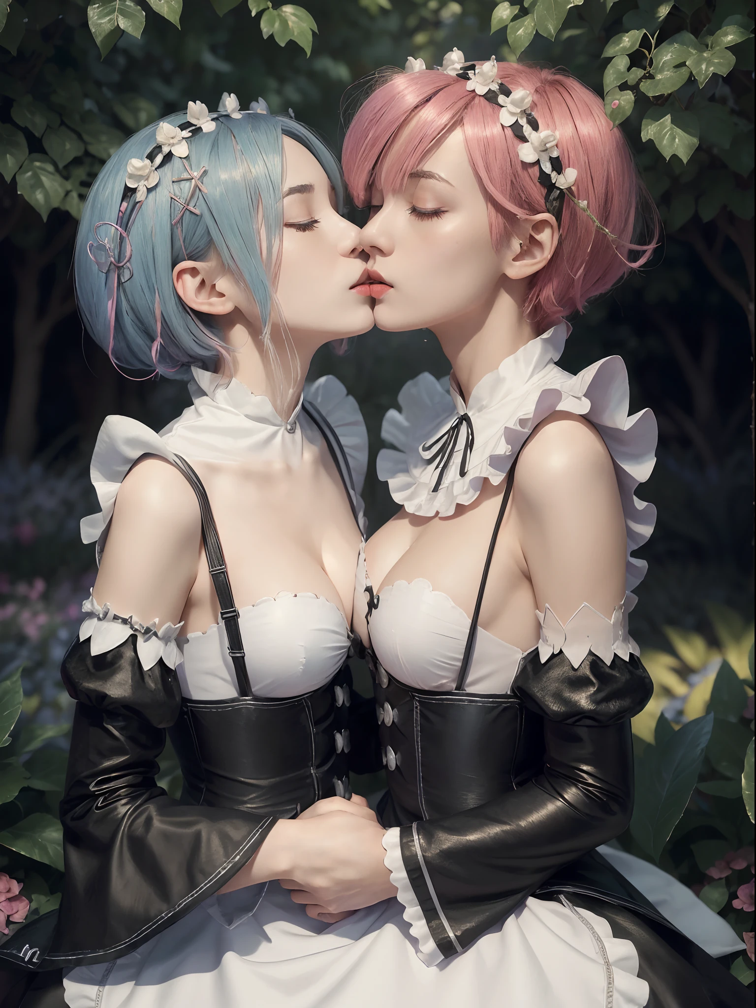 (masterpiece, best quality:1.4), (full body), (kissing on the mouth at the garden:1.4), (closed eyes:1.5), (2girls:1.5), (ram_rezero with pink hair:1.4), (rem_re_zero with blue hair:1.4), rem_re_zero, short hair, maid uniform, (black maid uniform:1.5), hair ornament, cleavage, maid headdress, detached sleeves, ribbon, medium breasts, ram_rezero, short hair, (red eyes, red iris), maid uniform, (black maid uniform:1.5), hair ornament, cleavage, maid headdress, detached sleeves, ribbon, medium breasts, beautifull smile, (beautiful face), (highly detailed face, highly detailed eyes), (highly detailed skin), skin pores, subsurface scattering, realistic pupils, full face blush, full lips, depth of field, volumetric lighting, sharp focus, absurdres, realistic proportions, good anatomy, (realistic, hyperrealistic:1.4), 16k hdr